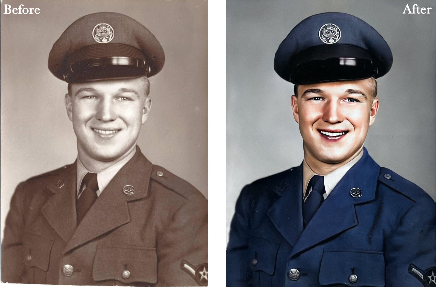 Split image of a soldier in uniform; left side black and white 'Before' and right side colorized 'After'.