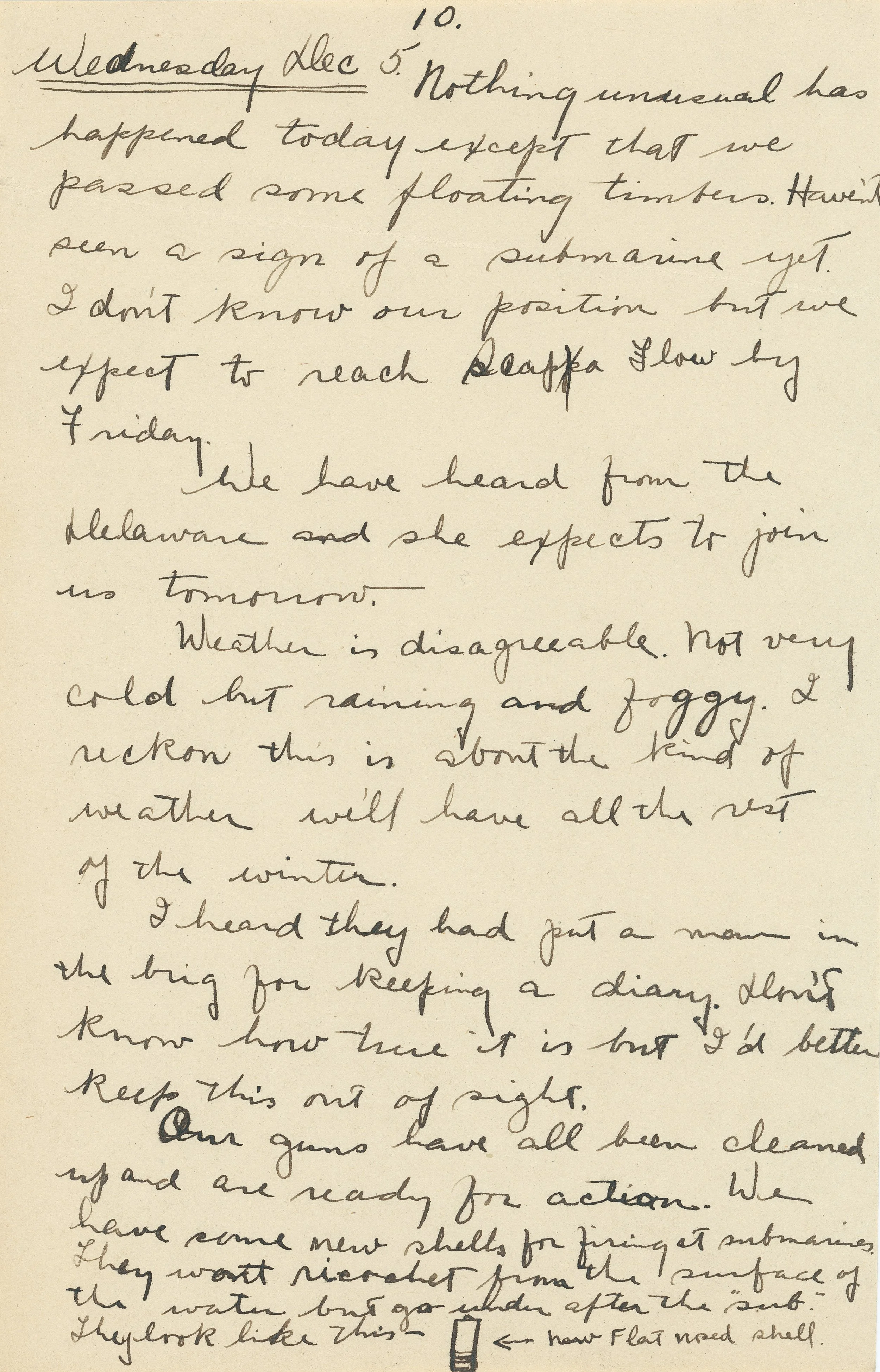 handwritten diary entry, dated Wednesday, Dec 5, discussing uneventful day, floating timbers, no submarines sighted, weather conditions, and military readiness, mentions new shells for firing at submarines.