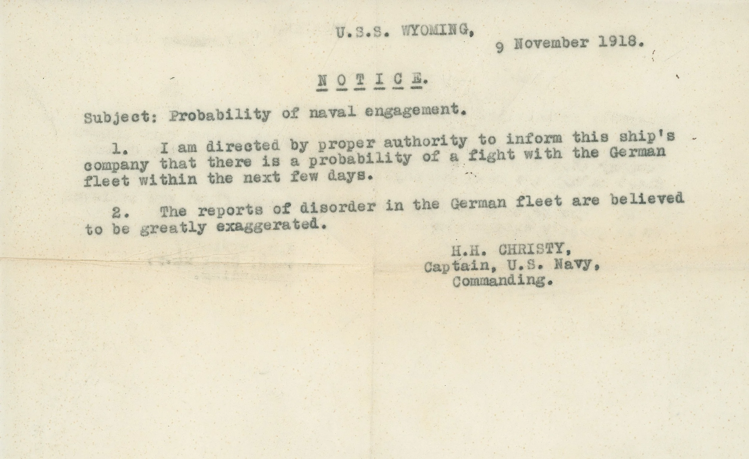 Historic naval notice from the U.S.S. Wyoming dated November 9, 1918, discussing the probability of naval engagement with the German fleet.