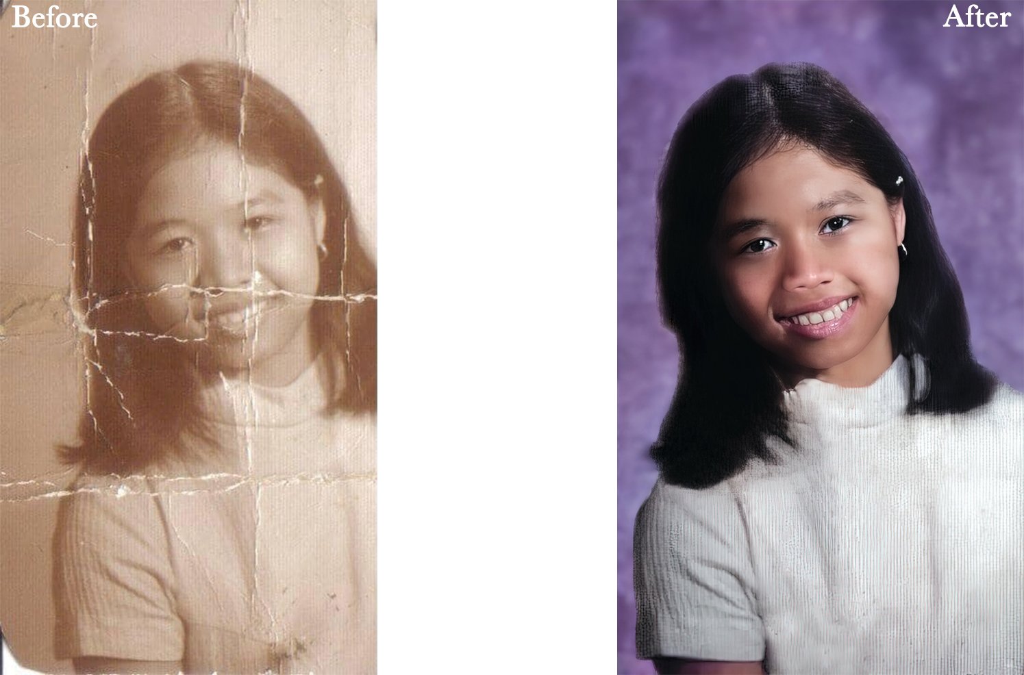 Side-by-side photo comparison, original and restored image of a young girl.