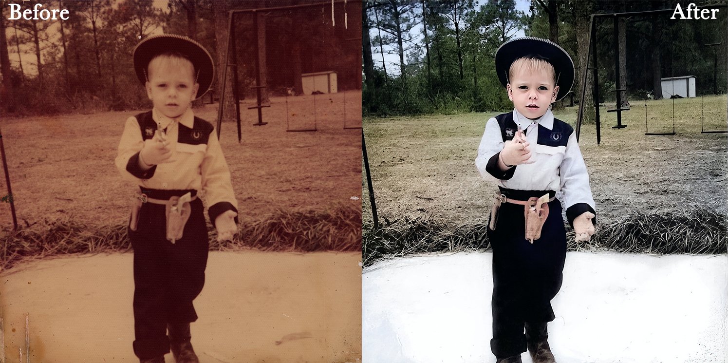 Side-by-side comparison of an old faded photo and a color-restored version showing a young child dressed as a cowboy, outdoors.