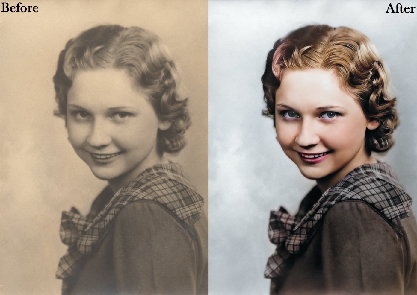 Side-by-side portrait comparison showing the same woman in a vintage grayscale photo on the left and a colorized version on the right.