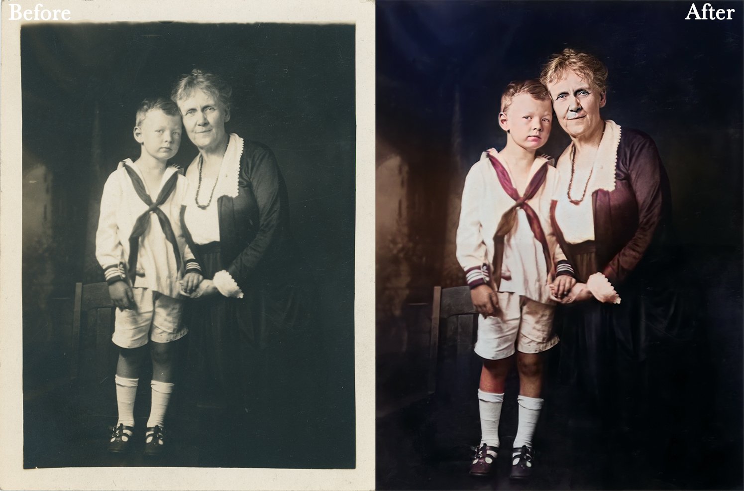 Vintage photo restoration showing a young boy and an elderly woman. The left side is the original black and white, while the right is colorized after enhancement.