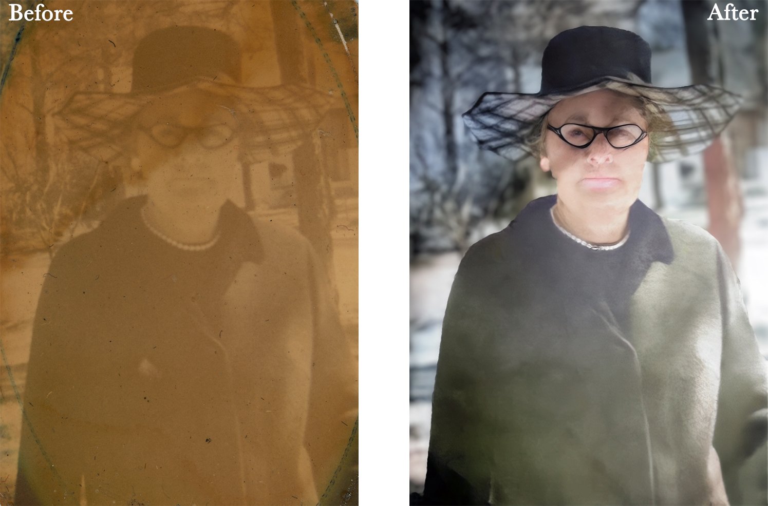 Photo restoration comparison showing a faded vintage photo (left) of a woman in a wide-brimmed hat and glasses, and its restored, clearer version (right).
