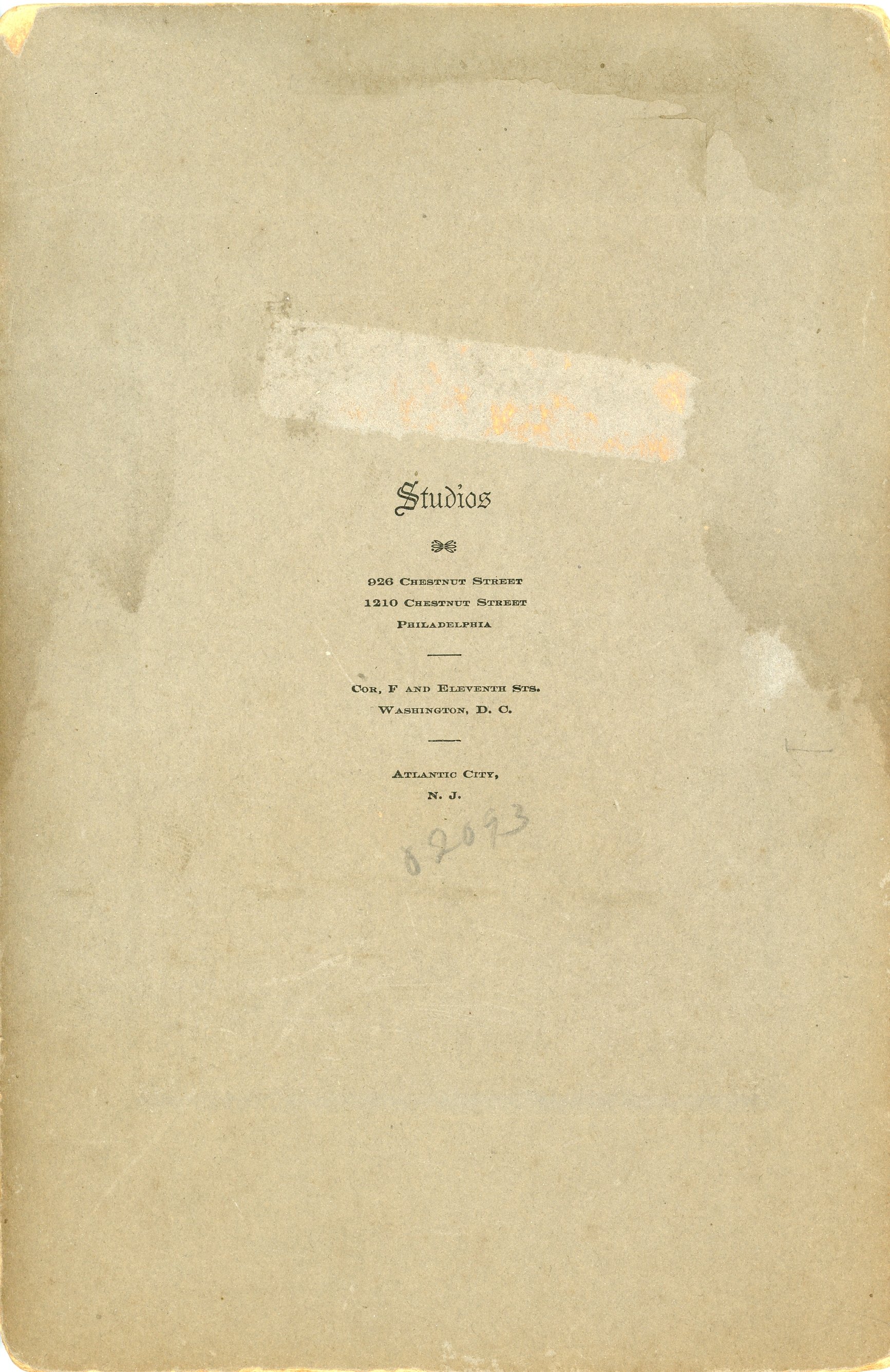 Vintage studio addresses on textured paper background.