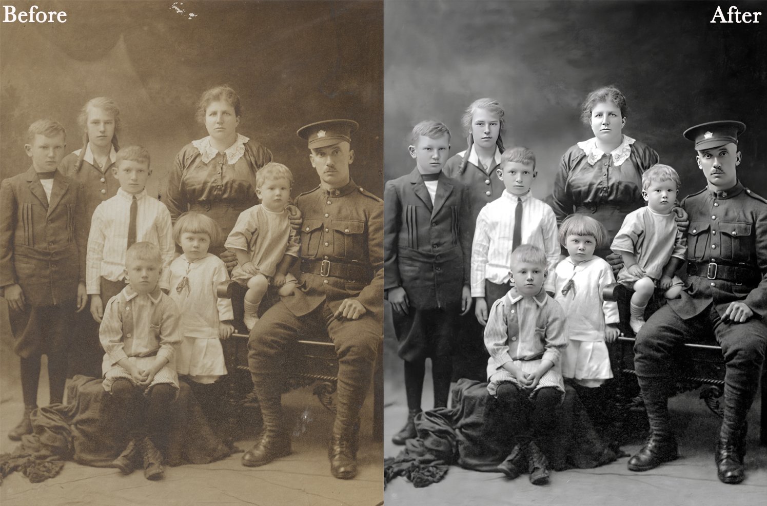 Old family portrait restored, with before and after comparison.