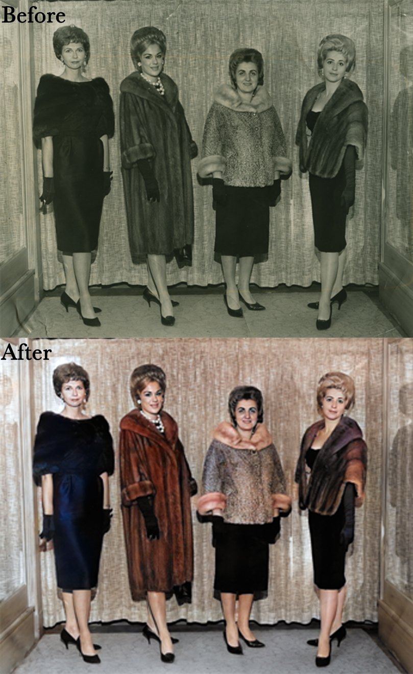 Four women in formal attire with fur coats, "Before and After" colorization comparison.