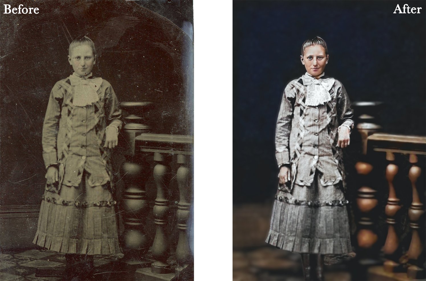 Old photograph restoration; before and after colorization of a child in historical clothing, standing beside a wooden railing.