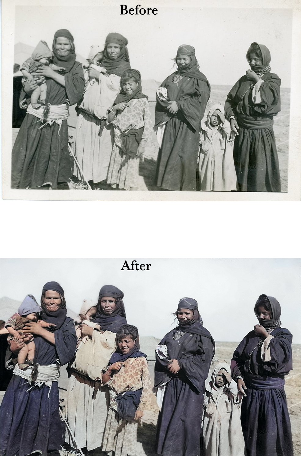 Black and white photograph of a group of people, with a colorized version below, labeled 'Before' and 'After' at the top. They are wearing traditional clothing, standing outdoors.