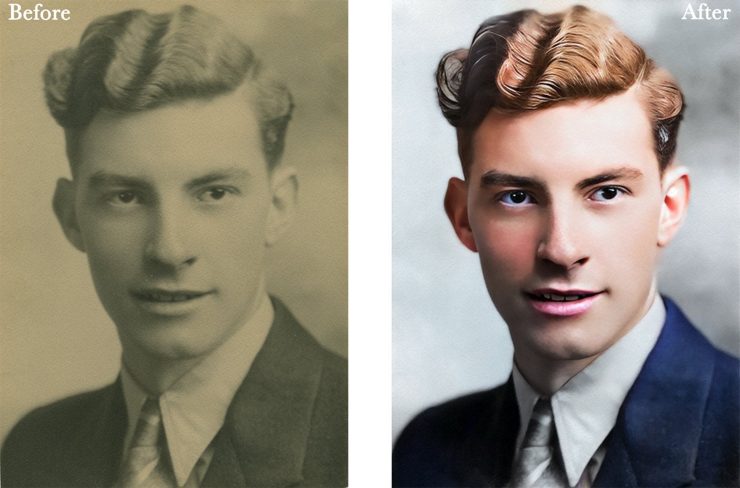 Old photograph restoration comparison showing before and after colorization of a young man in a suit.