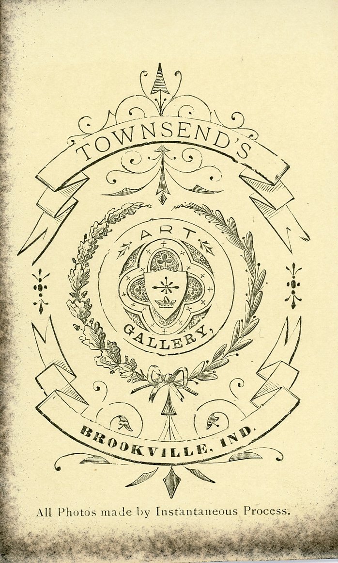 Vintage logo for Townsend's Art Gallery in Brookville, Indiana, featuring decorative elements and text stating 'All Photos made by Instantaneous Process.'