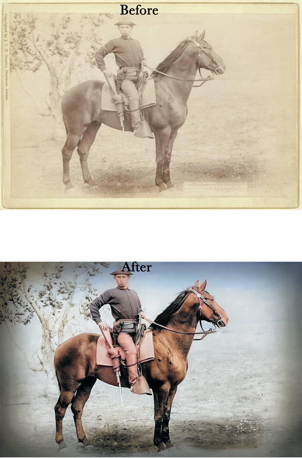 Before and after image depicting a man on horseback. The top section is a sepia-toned photo, while the bottom section is a colorized version.