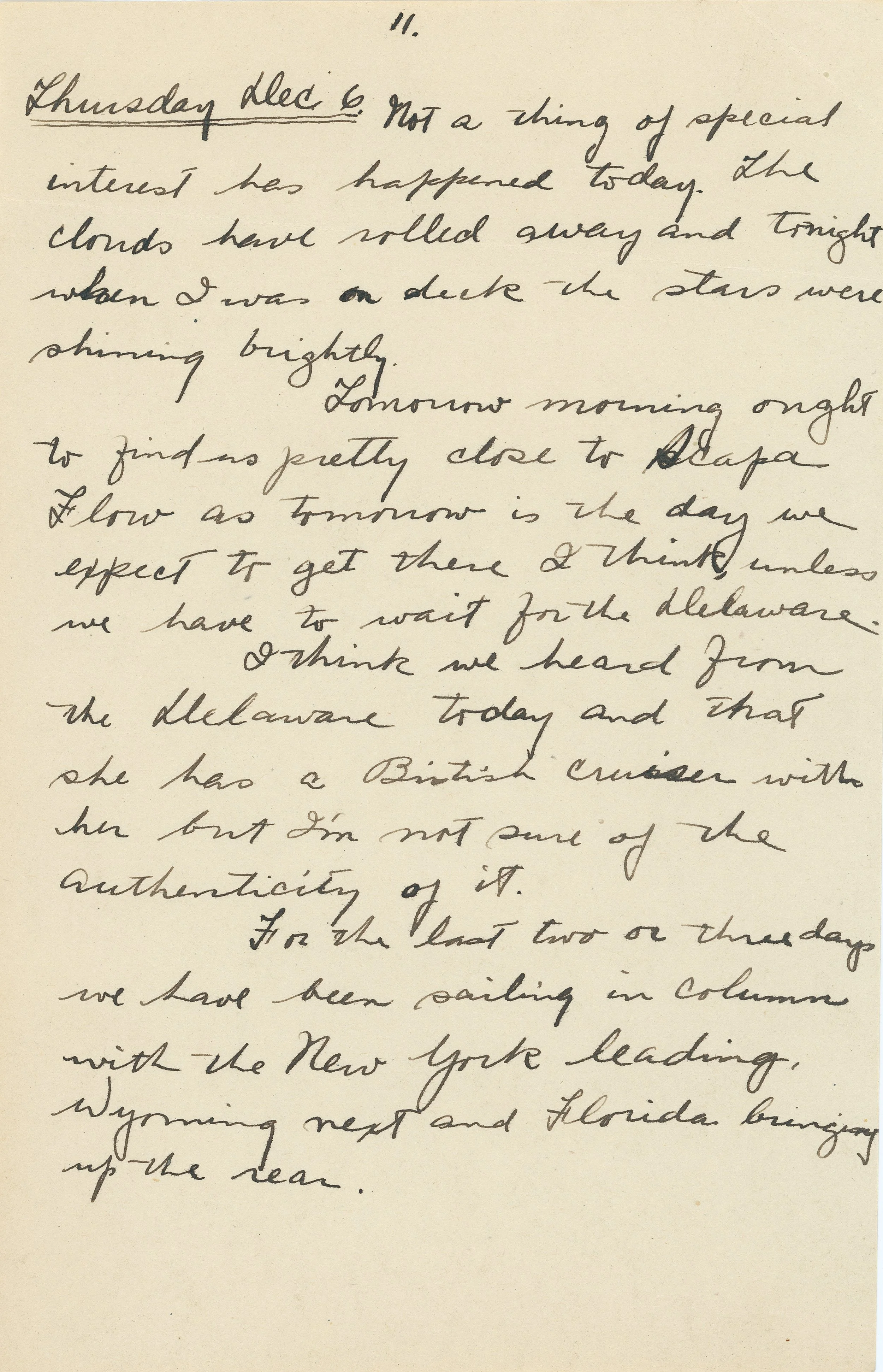 Handwritten journal entry dated December 6, discussing weather and ship movements