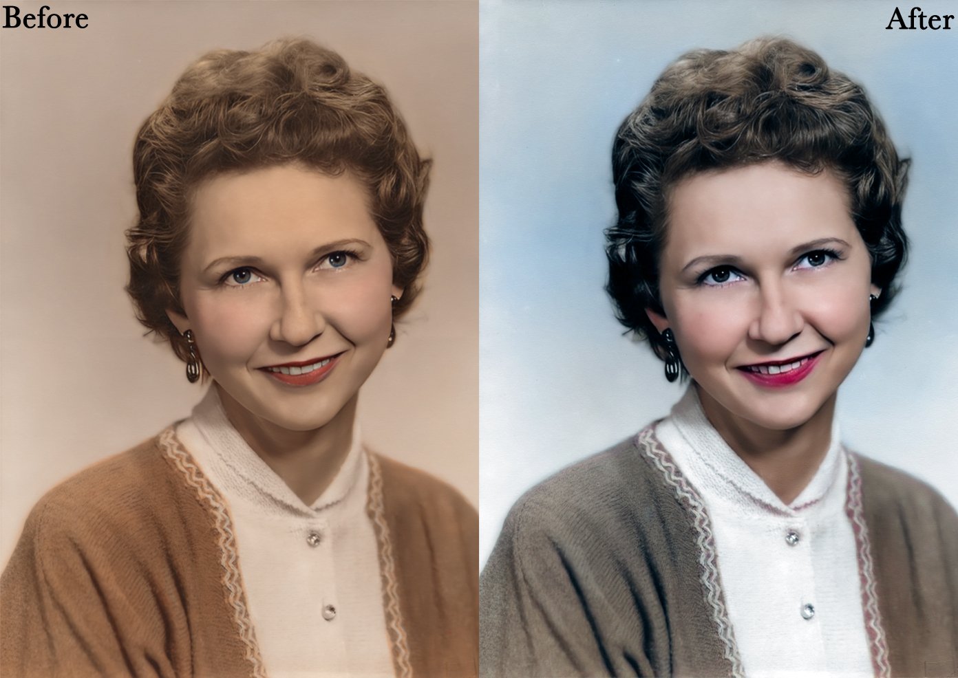 Vintage photo restoration before and after of a smiling woman with short hair, wearing a beige cardigan and white blouse.