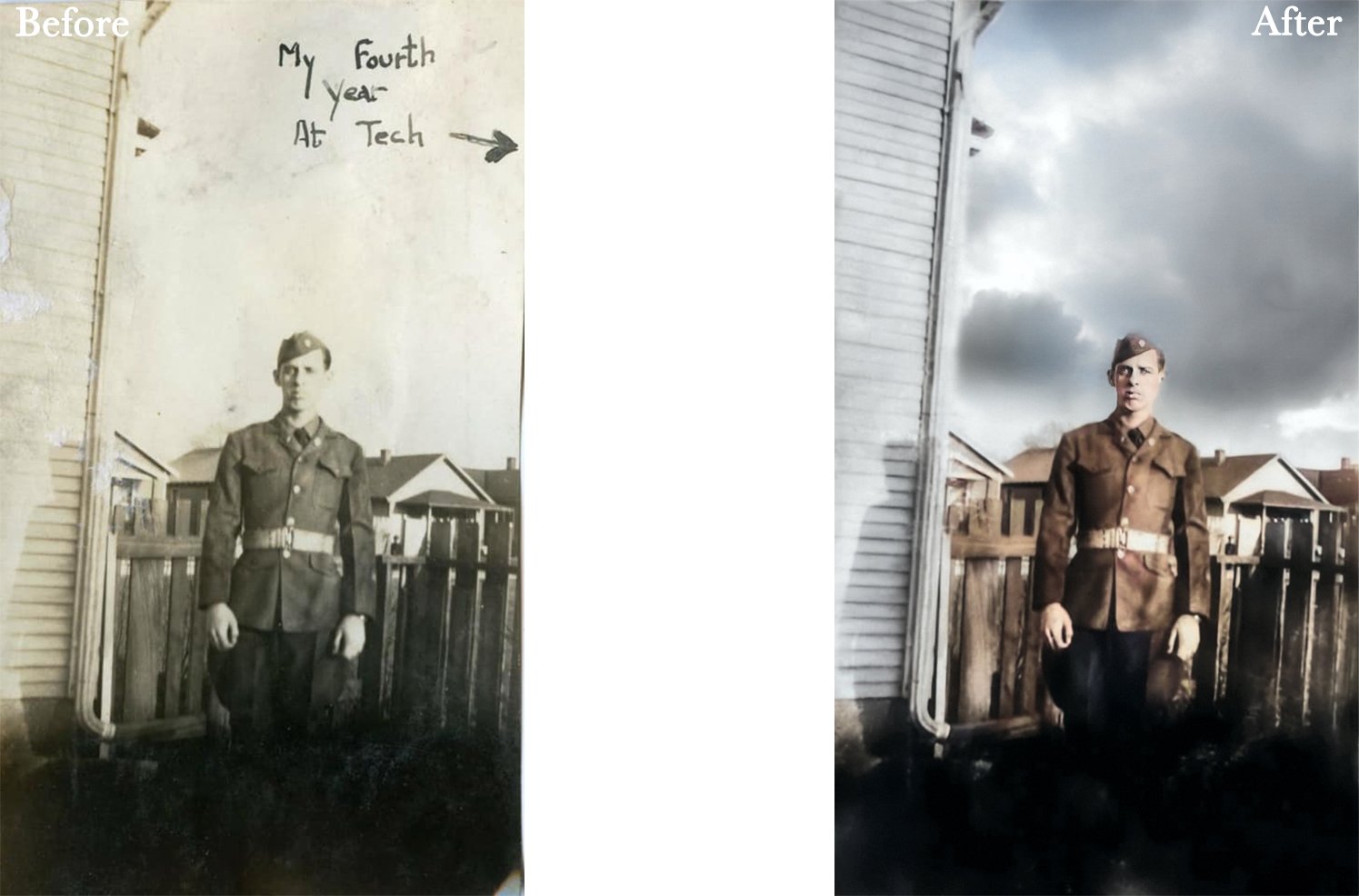 Side-by-side comparison of a vintage black and white photo and its colorized version, featuring a person in military uniform standing outdoors near a house with writing on the original photo saying 'My Fourth Year At Tech.'