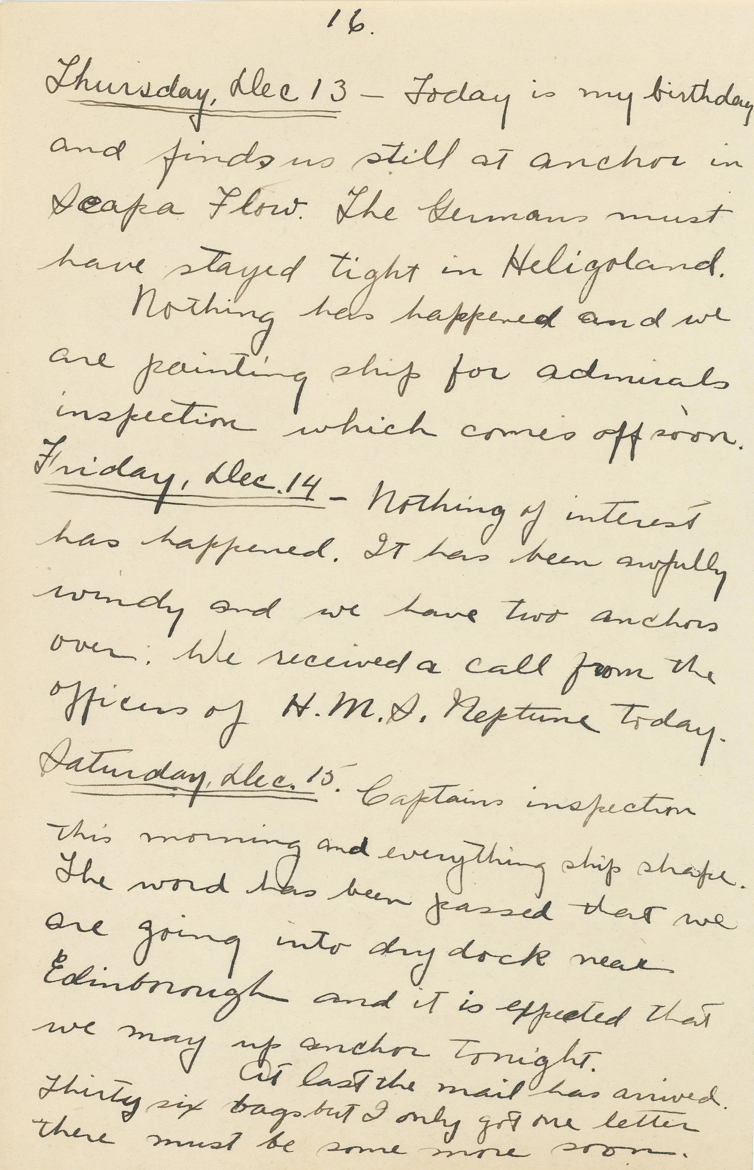 Handwritten diary entry with dates December 13-15, discussing ship inspections and dry dock plans.