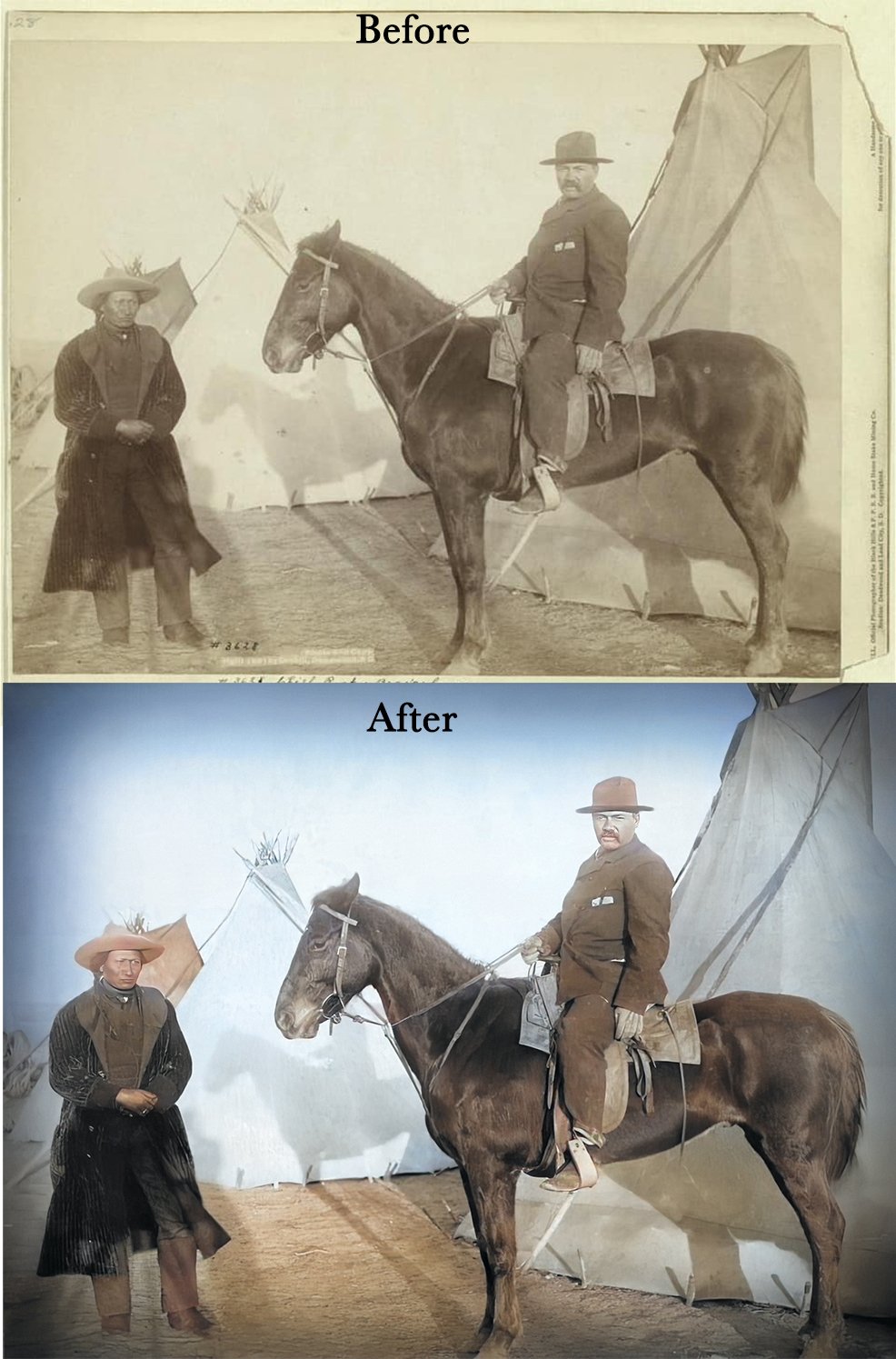 "Before and after photo showing a black and white image of a man on a horse with a standing man beside him, juxtaposed with a colorized version of the same scene, with a teepee in the background."
