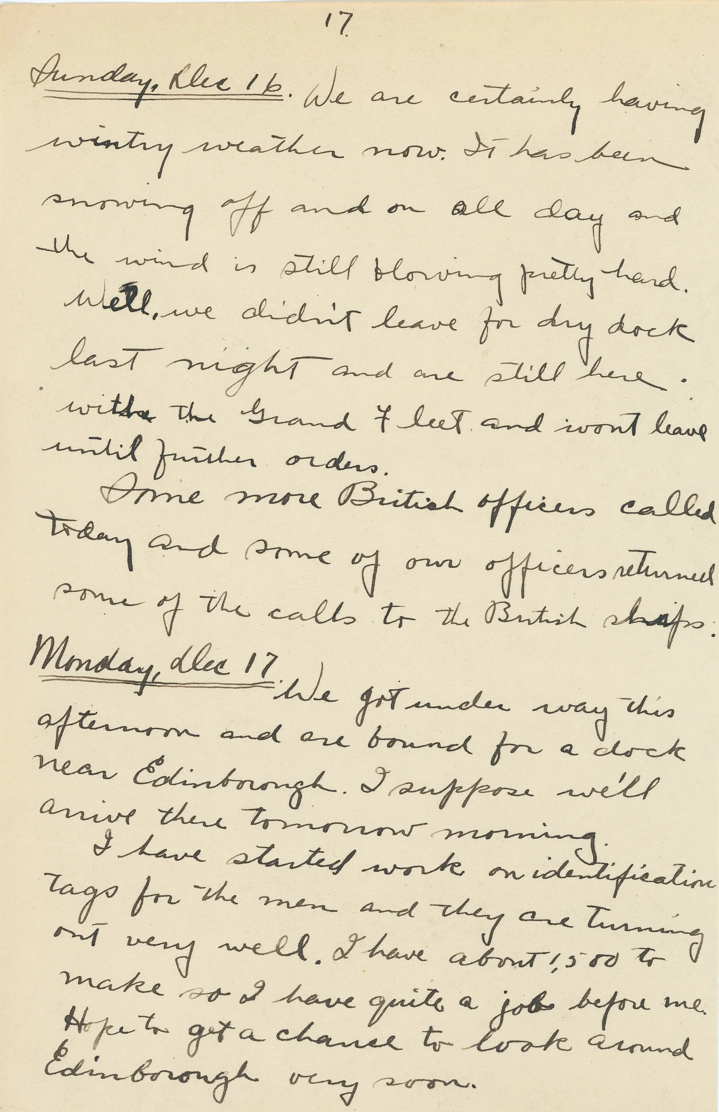 Handwritten diary entry dated Dec 16 and 17, describing wintry weather, mention of British officers, and traveling near Edinburgh.