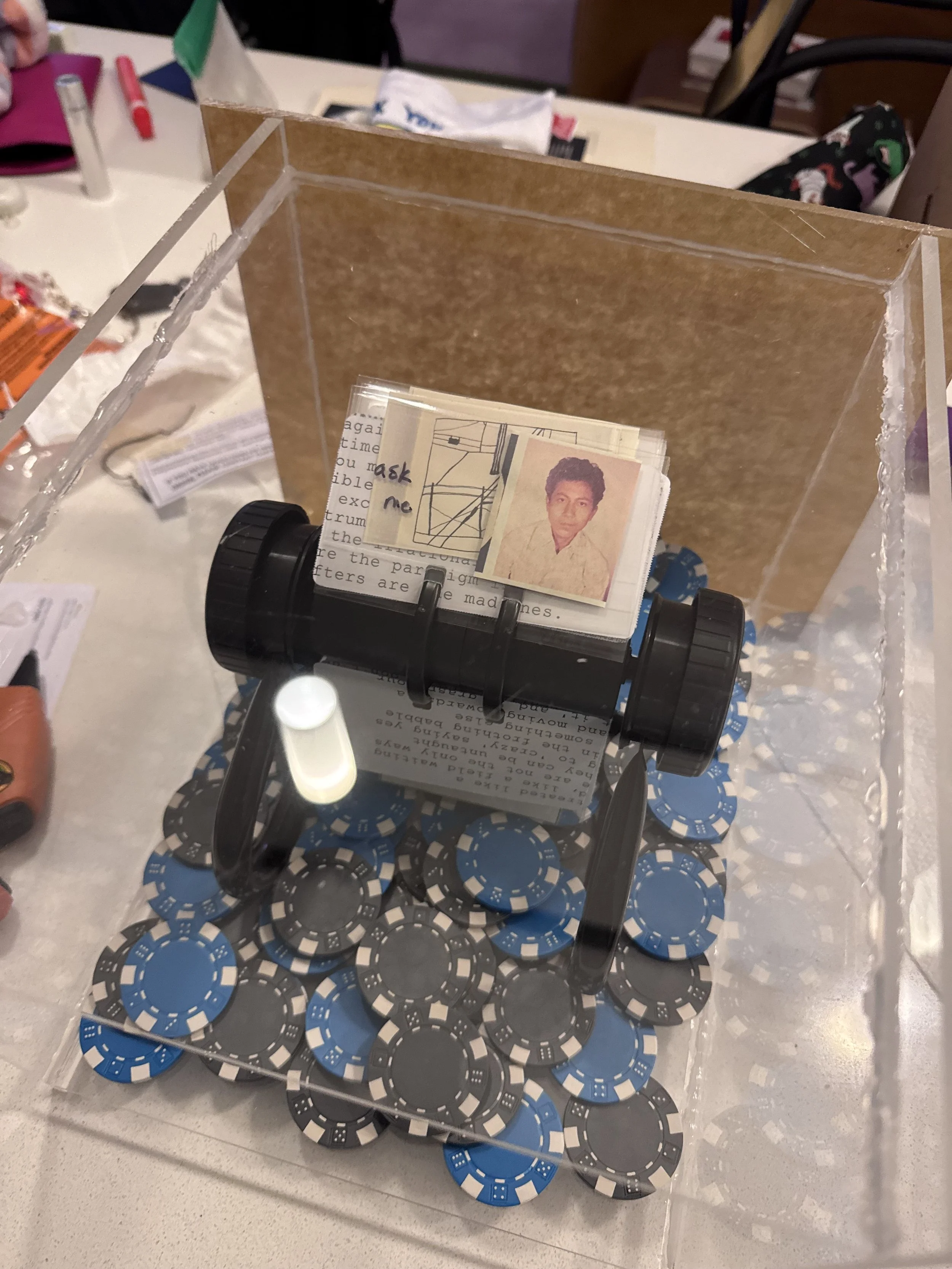 The Timely Conversation Box, 2025. 
acrylic, rolodex, poker chips, and domestic ephemera
Named after Beatriz Cortez’s Untimely Conversation Box it gambles on you being ready to speak, to critique, and to take a chance on a question. While hers at