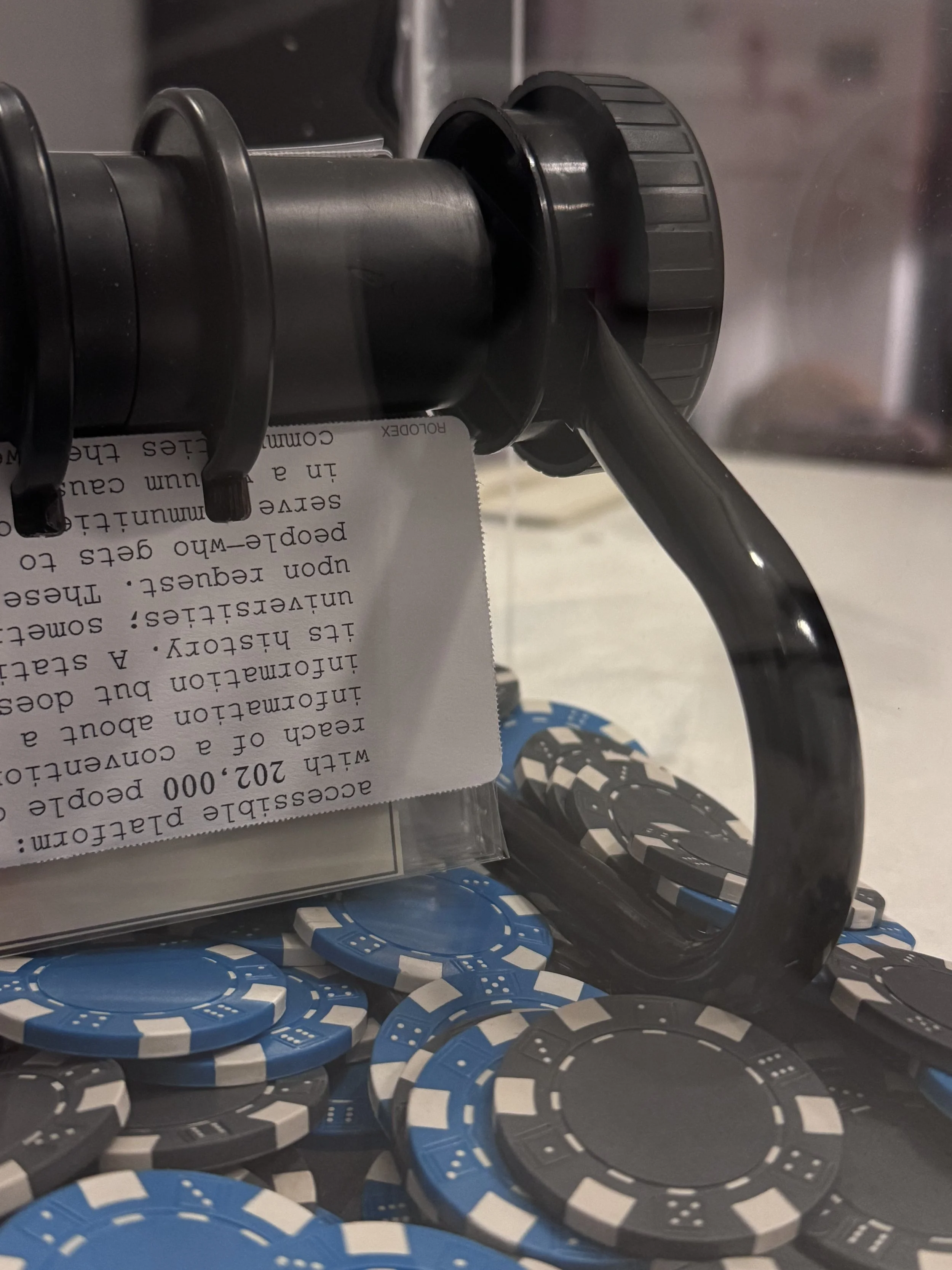 The Timely Conversation Box, 2025. 
acrylic, rolodex, poker chips, and domestic ephemera
Named after Beatriz Cortez’s Untimely Conversation Box it gambles on you being ready to speak, to critique, and to take a chance on a question. While hers atte