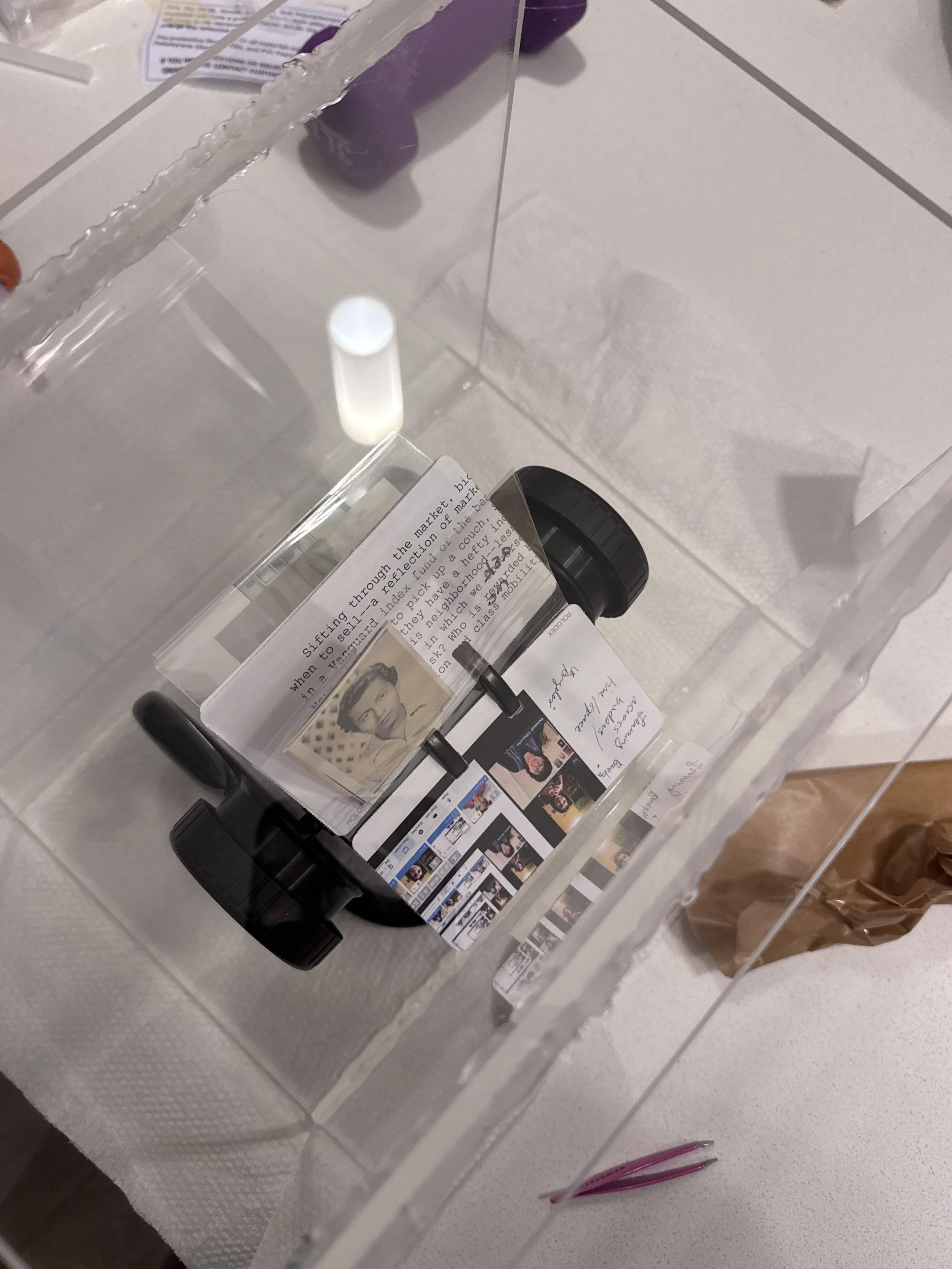 The Timely Conversation Box, 2025. 
acrylic, rolodex, poker chips, and domestic ephemera
Named after Beatriz Cortez’s Untimely Conversation Box it gambles on you being ready to speak, to critique, and to take a chance on a question. While hers atte