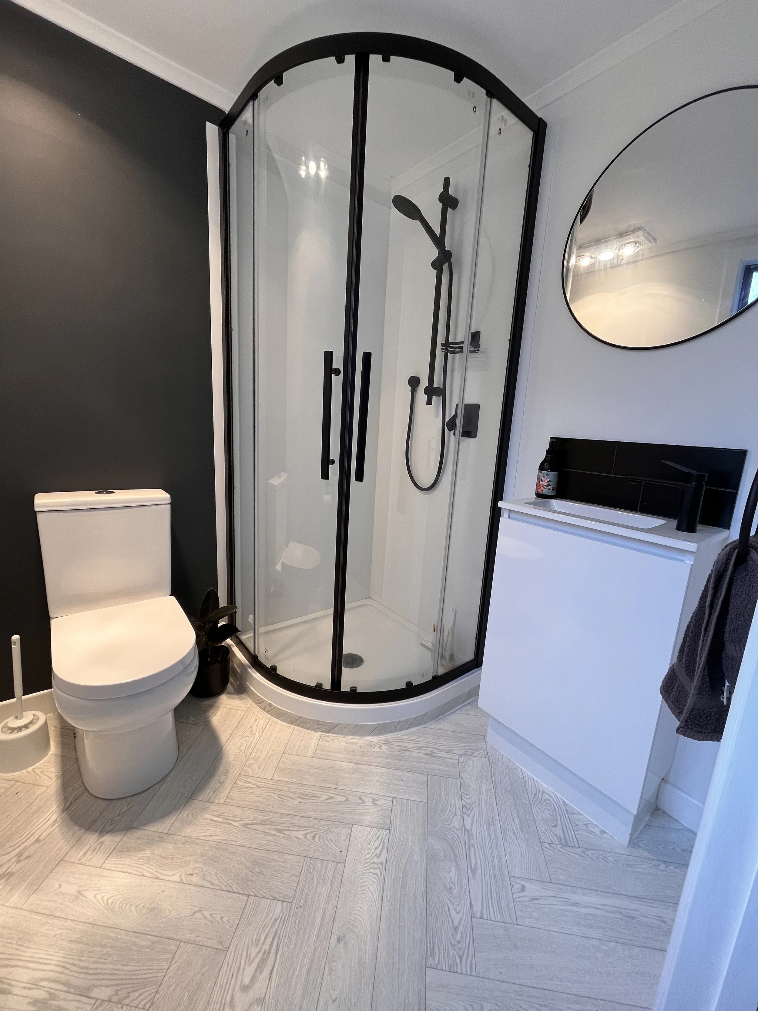 Contrasting bathroom with dark feature wall