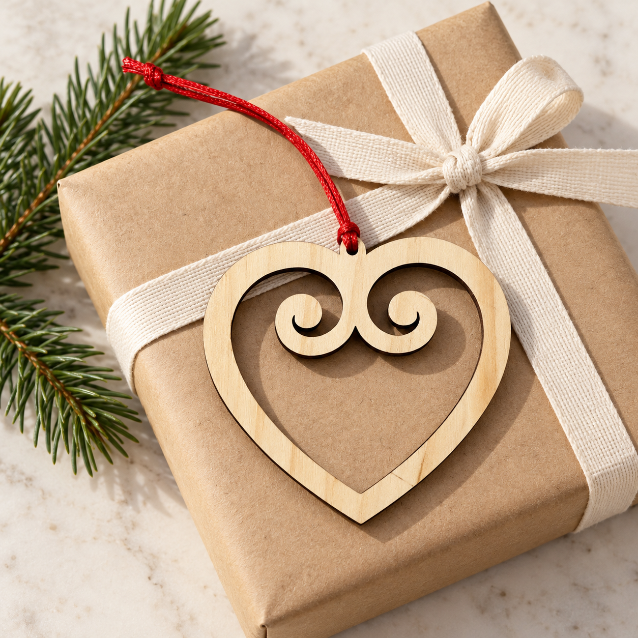 Natural wood heart ornament gift flat lay.png