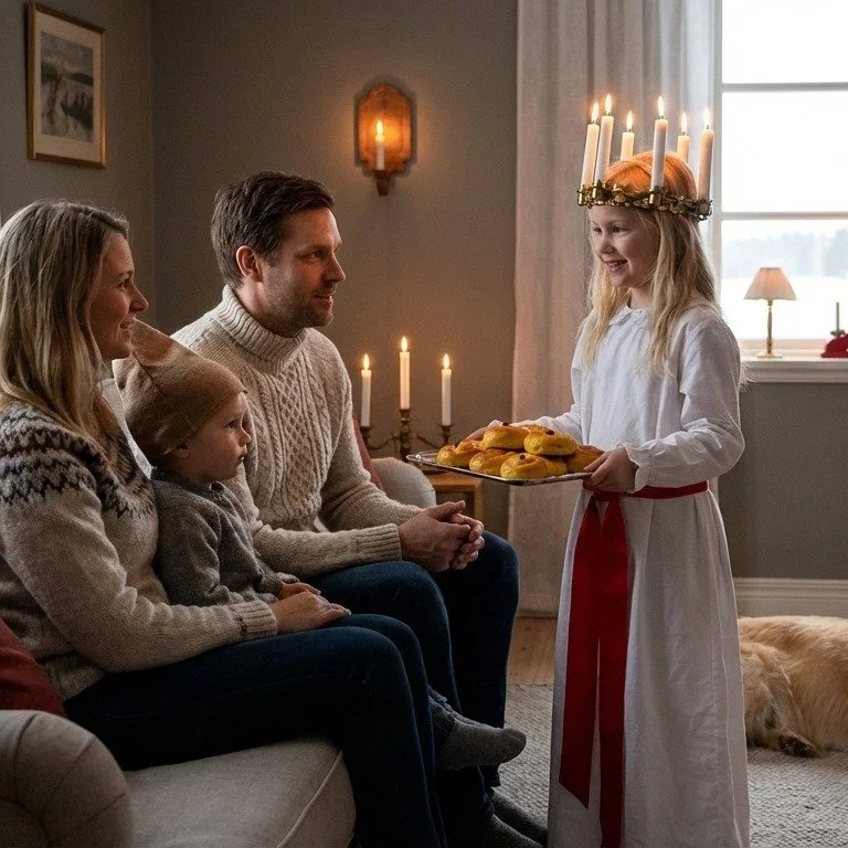 Happy Lucia Day! 🤍✨
One of my favorite Scandinavian traditions!

On December 13th, families across Scandinavia celebrate the return of light with candle crowns, white gowns, saffron buns, and songs passed down through generations.

A few fun facts:
