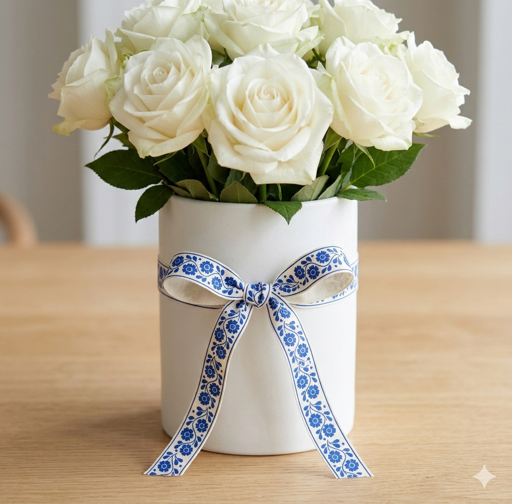 Blue Floral Cotton Ribbon White Roses White Ceramic Vase.png