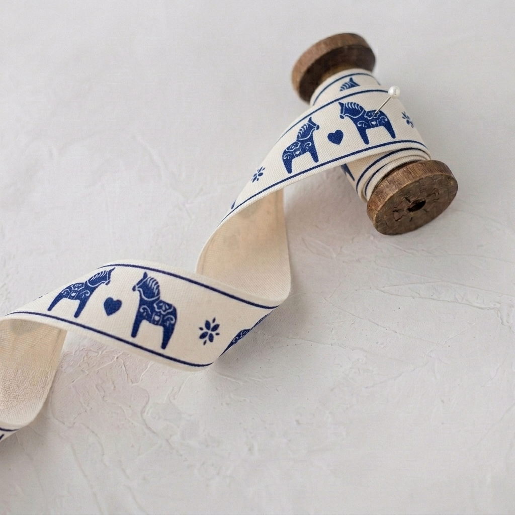 Blue Dala Horse Cotton Ribbon Wood Spool.png