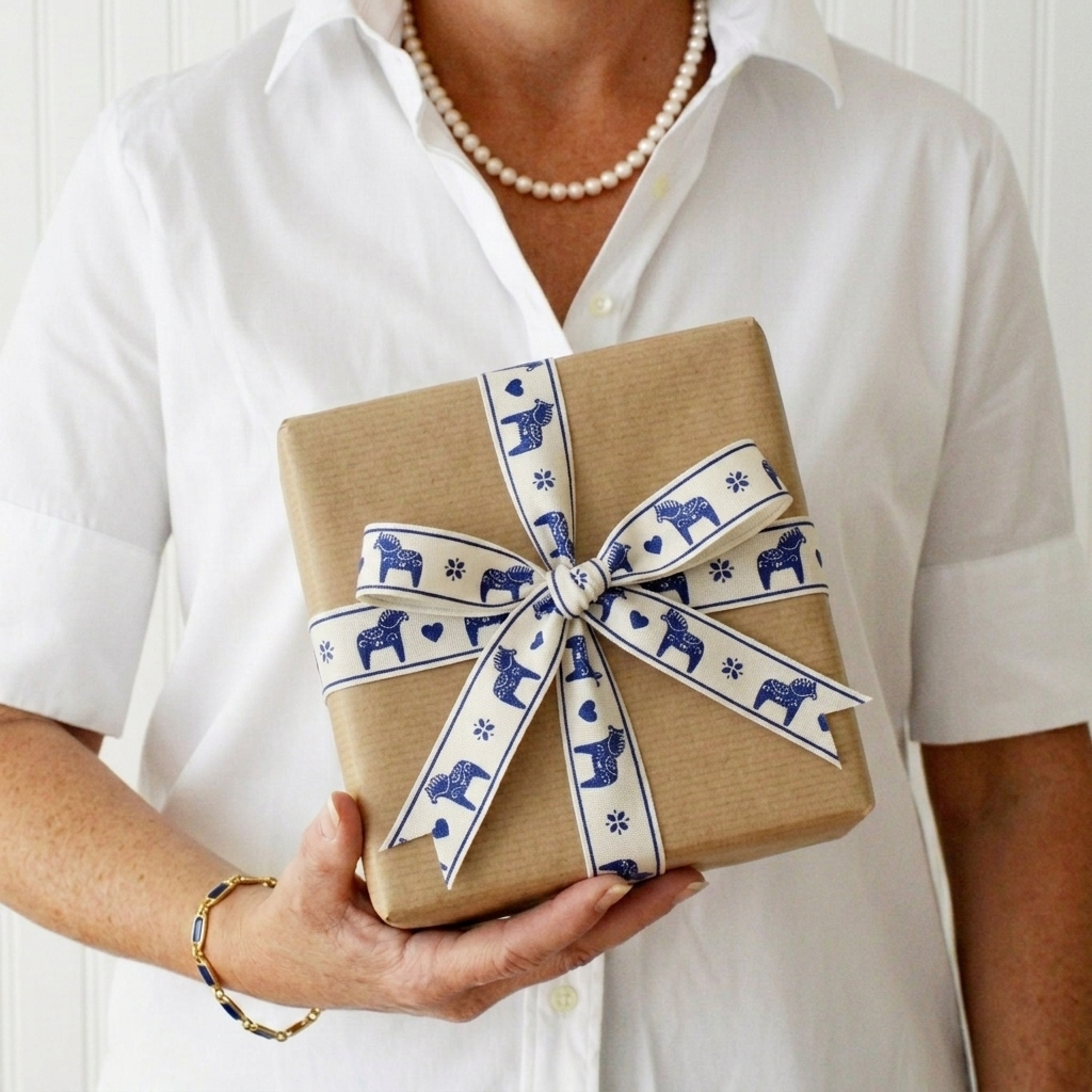 Blue Dala Horse Ribbon Woman Holding Gift Box.png