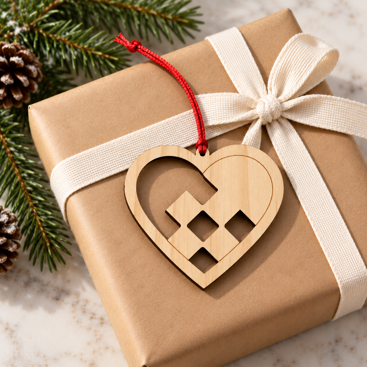 Woven wooden heart ornament on wrapped gift.png