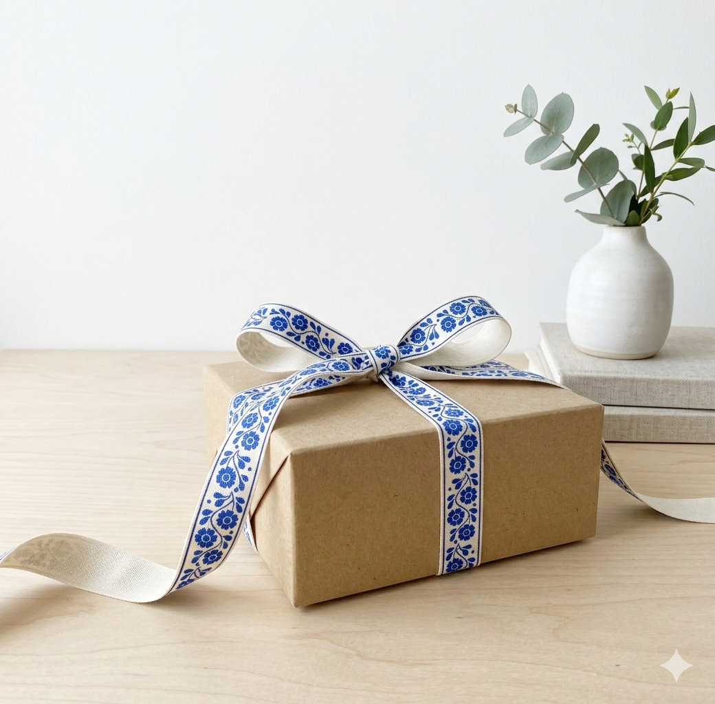 Blue Floral Cotton Ribbon Wrapped Gift Box.png