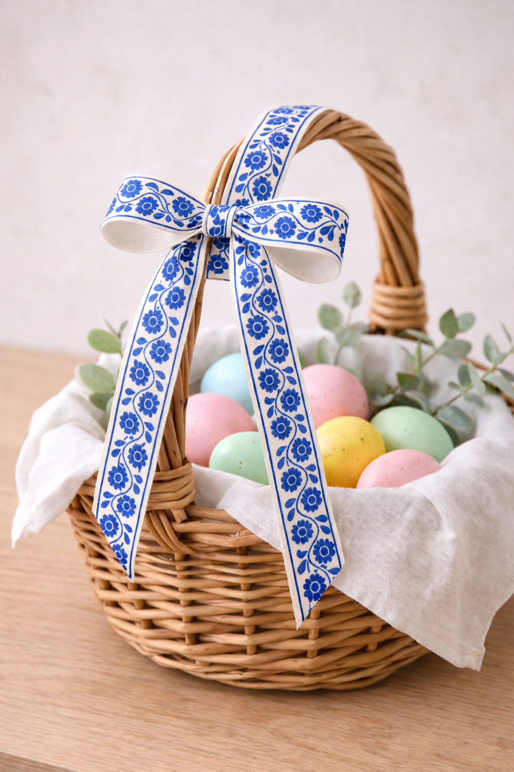 Blue Floral Cotton Ribbon Easter Basket Decor.png