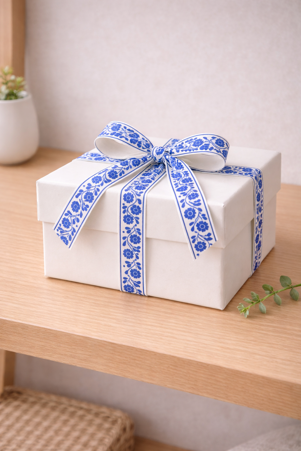 Blue Floral Cotton Ribbon White Gift Box on Desk.png