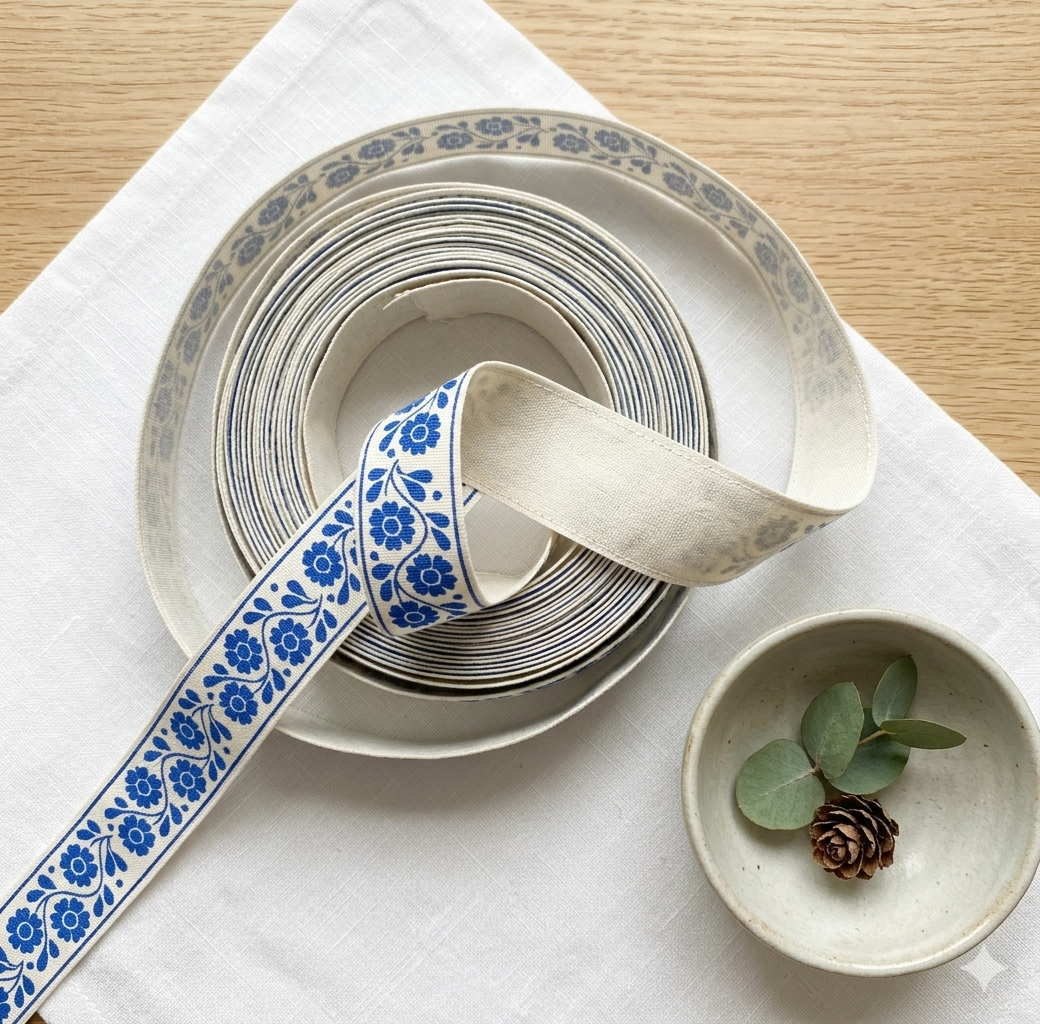 Blue Floral Cotton Ribbon Roll on Table.png