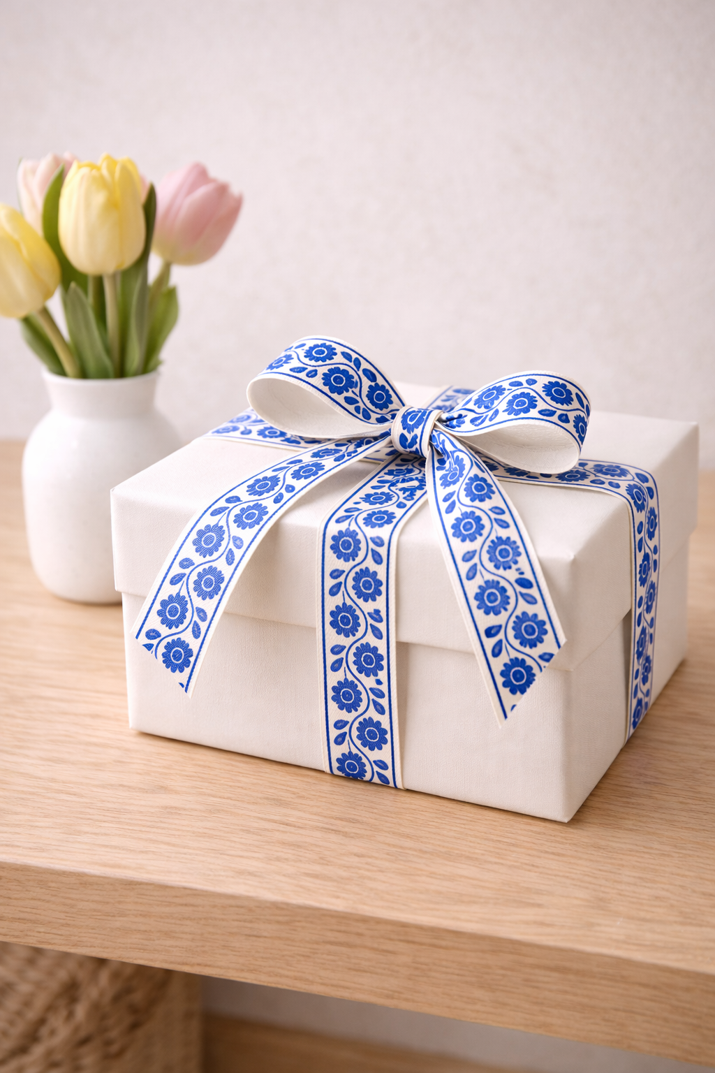 Blue Floral Cotton Ribbon White Gift Box Easter tulips.png