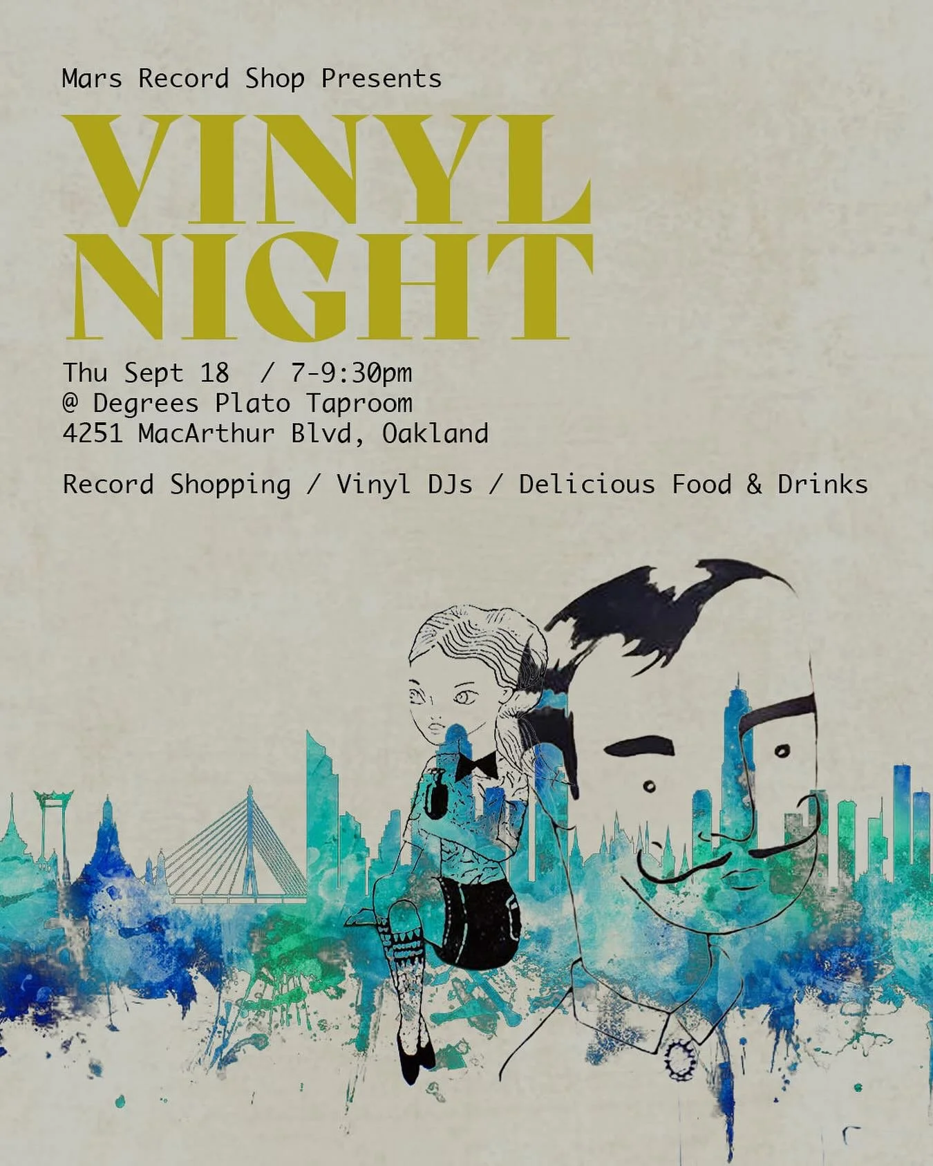 Here comes another Third Thursday Vinyl Night at @degreesplato_oak in Oakland’s Laurel District. ⚡️ Roll through for this month’s round of live Vinyl DJs (Punn + Bailey), record crate digging (Mars latest) and as always- great drinks, bit
