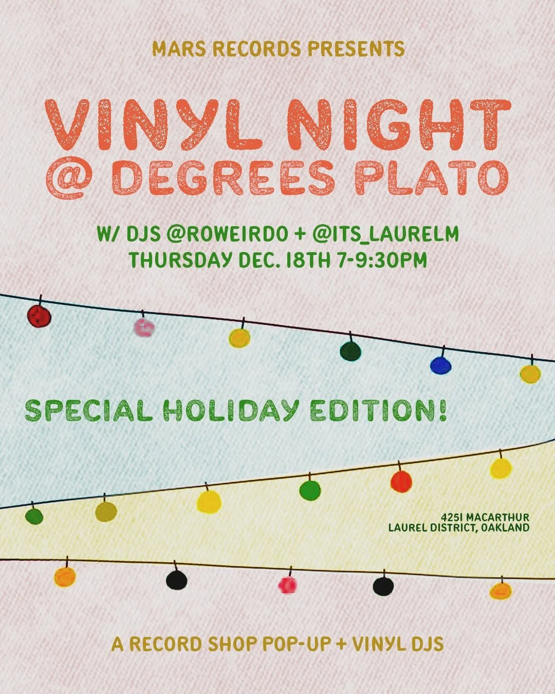 This Thurs is our final vinyl shop pop-up of the year, at our fav cozy taproom in the Laurel District of Oakland - @degreesplato_oak. 🍻 It&rsquo;s been a super fun year of Third Thursdays, and we can&rsquo;t wait to close it out this week, Holiday E