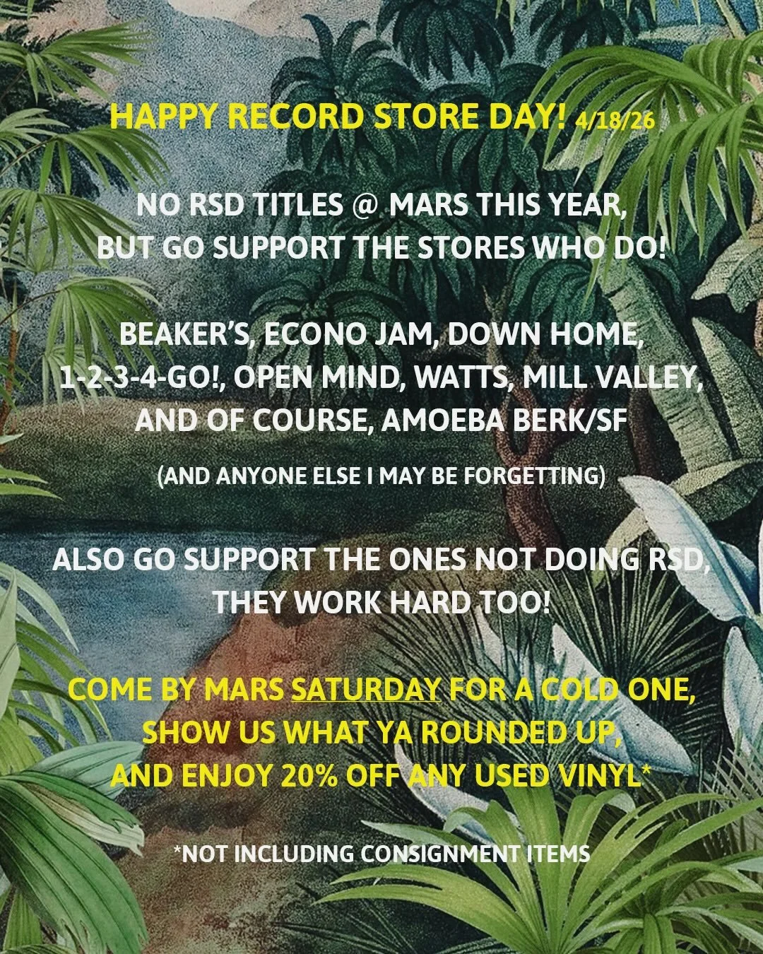 Record Store Day is tmrw! 🪩 We won&rsquo;t have any RSD titles here at Mars, but many great stores in the area will. Participating stores linked below. Go get what ya need! And then when you&rsquo;re done, swing over to Mars and show us what ya got,