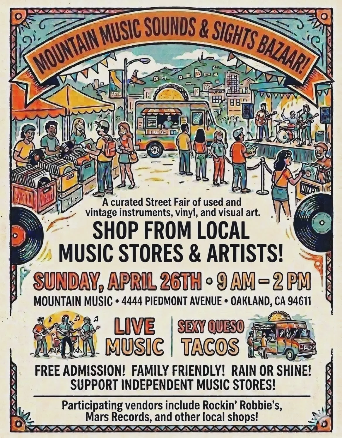 Excited to rep some vinyl crates this Sun 4/26 just a few blocks up at Piedmont Ave&rsquo;s cool cul-de-sac music shop - @mountainmusic4444. 🌞 Mtn is hosting a music-themed Bazaar with live music, vendors, tacos by @sexyquesotacos + more! It&rsquo;s