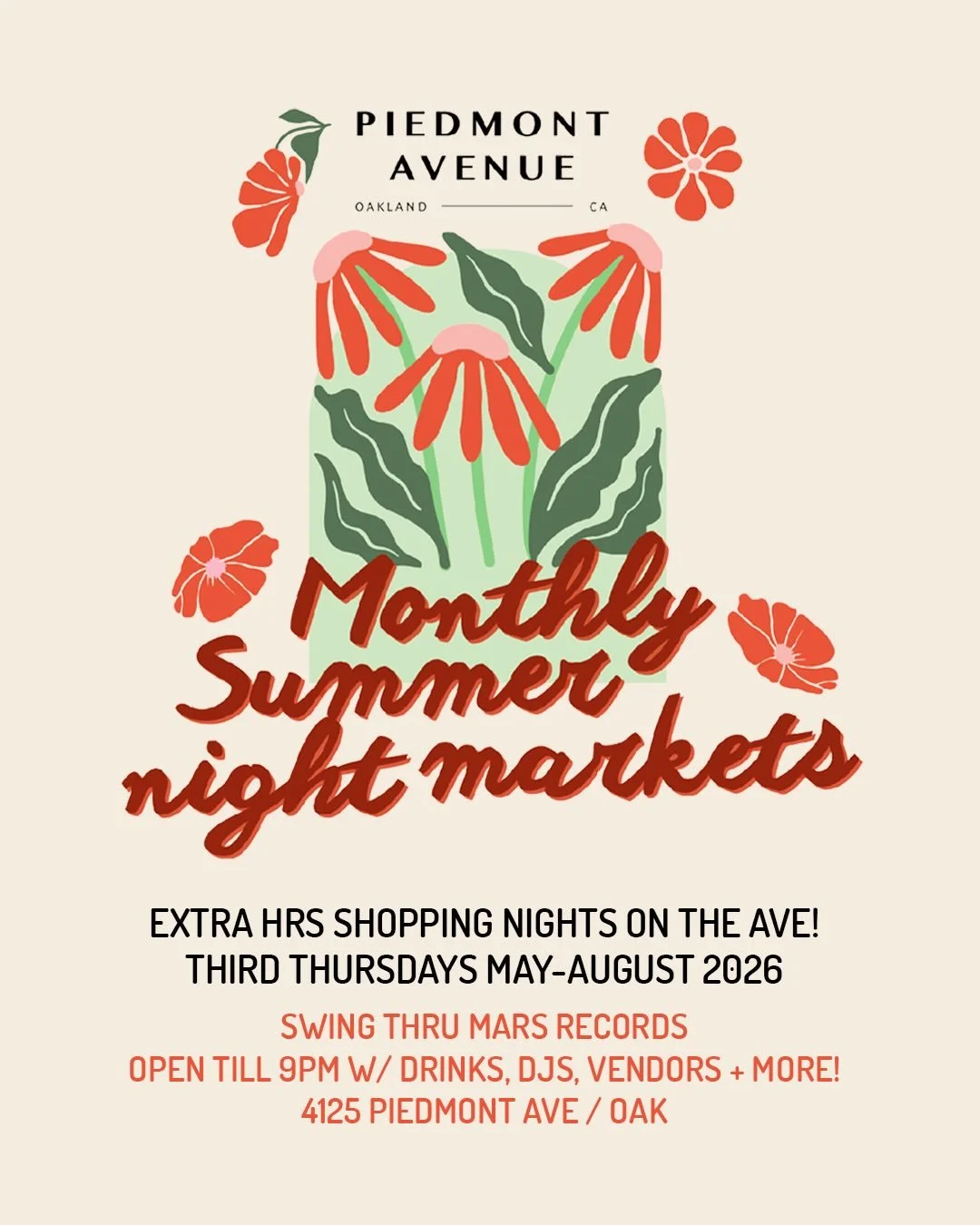 Third Thurs Summer Night Markets on Piedmont Ave start tmrw! Participating shops will be open &ldquo;After Hours&rdquo; w/ shop specials, extra vendors, drinks + snacks perhaps! Mars is on board! ⚡️ We&rsquo;ll stay open till 9pm each Third Thurs w/ 