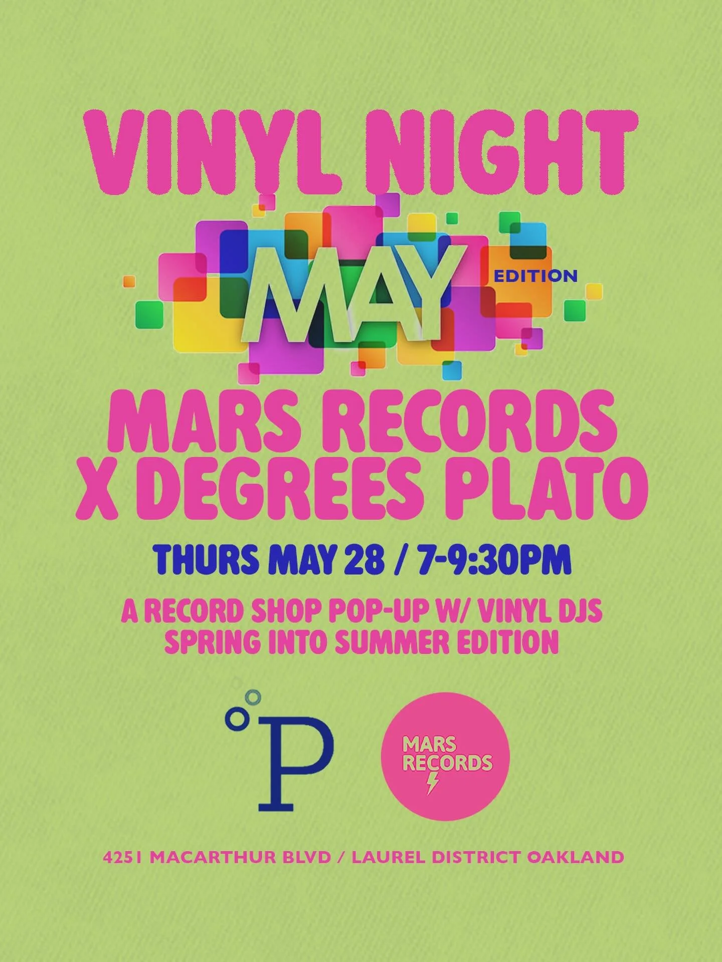 Tonight in the Laurel! 👉🏼 @degreesplato_oak Record shop pop-up w/ DJ Tallboy and DJ @seewoo. Taking Mars out into the wild, bringing the shop to you. 7-9:30pm. Come thru for vinyl pick-ups, grooves and jams, delicious foods and drinks, and the nice