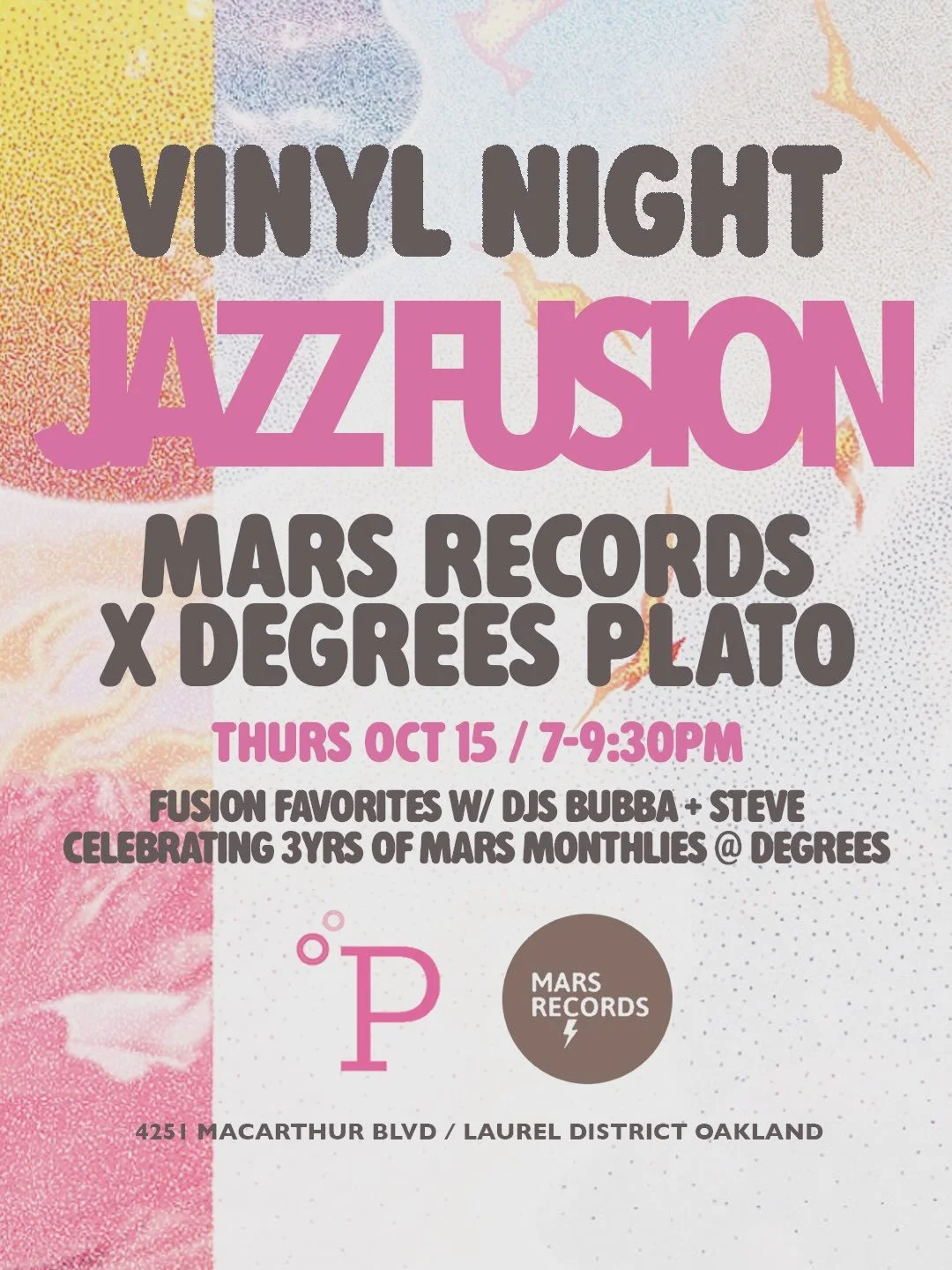 This Thursday, we celebrate 3yrs of @marsrecordshop Vinyl Nights at @degreesplato_oak in the @laureloakland 🎉 It&rsquo;s been a fantastic ride, each month giving us something a little different. Huge thanks to the good folks at Degrees for supportin