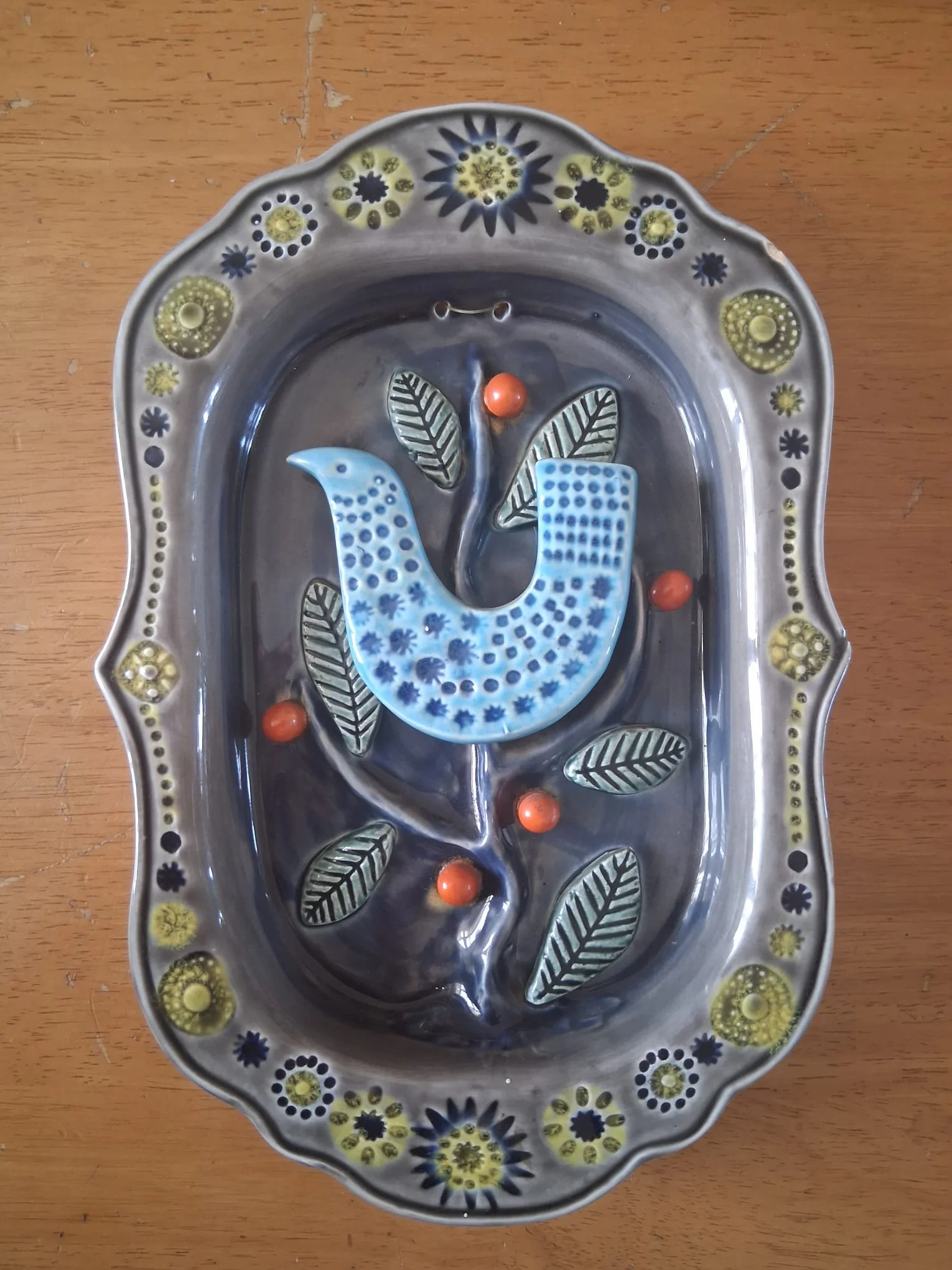 High relief midcentury ceramic stylised Bird wall plaque