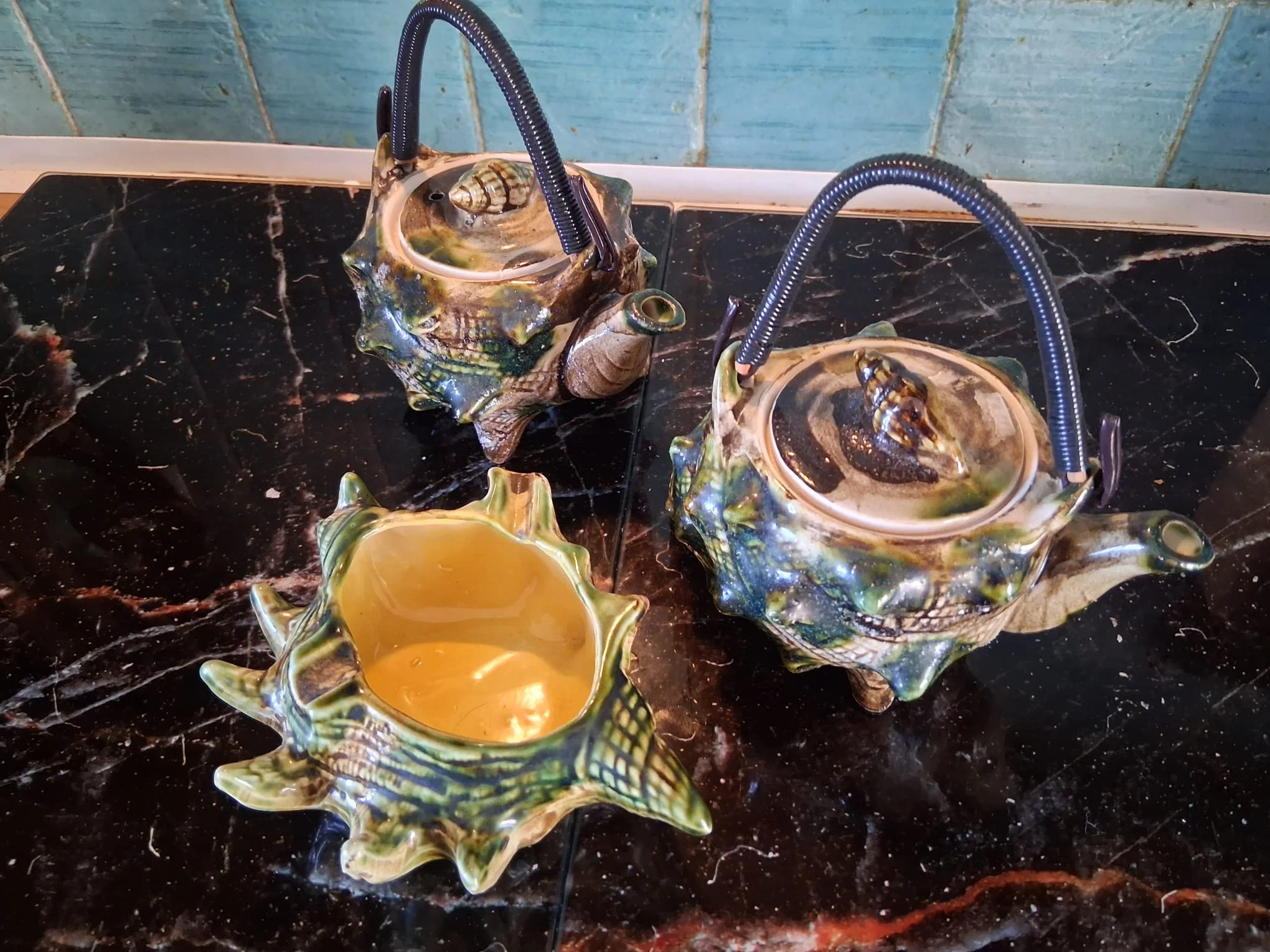 3 mid 20th century Japanese majolica type shell pottery pieces