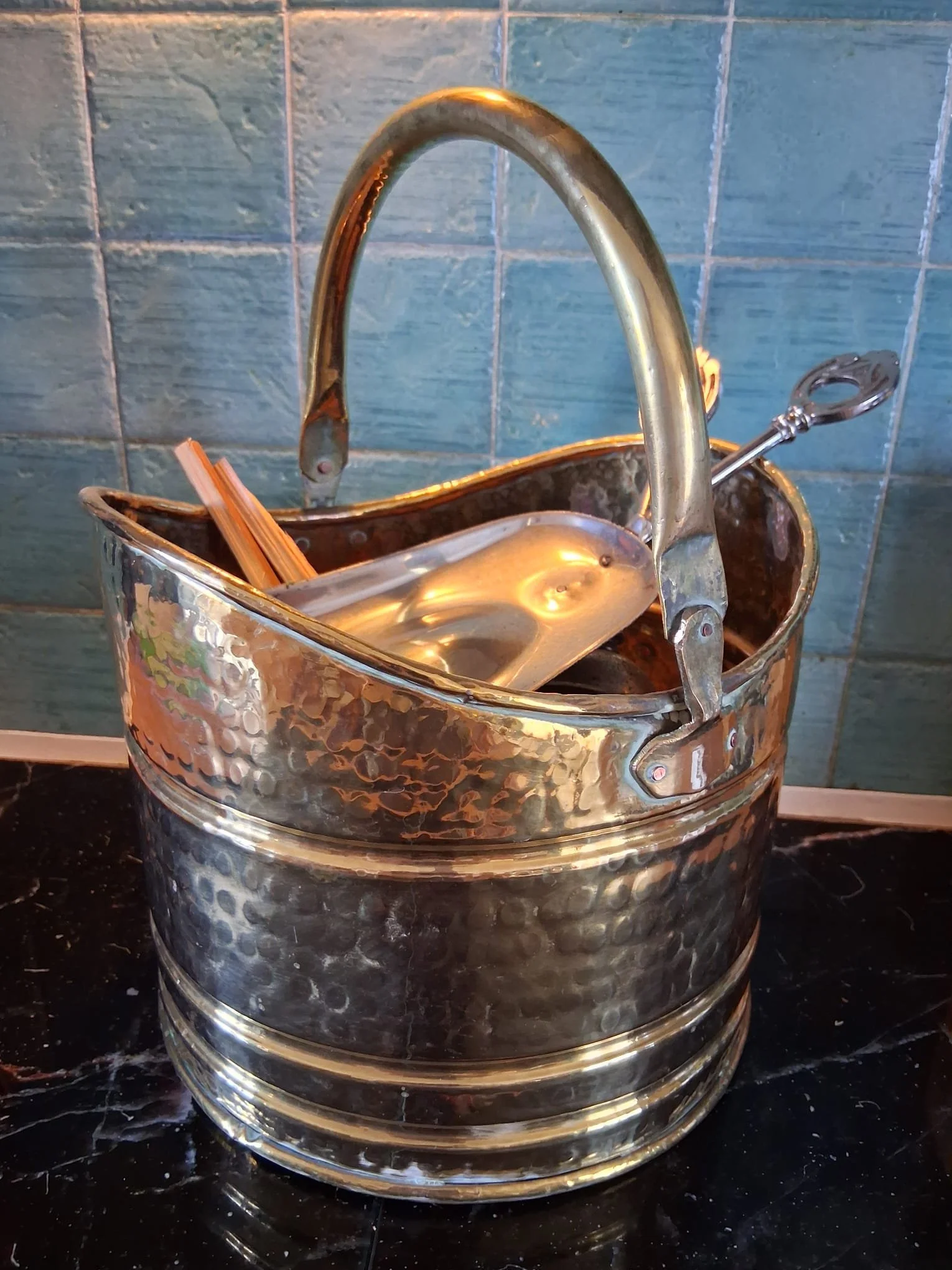 Hand planished Antique early 1900s Brass Coal Bucket