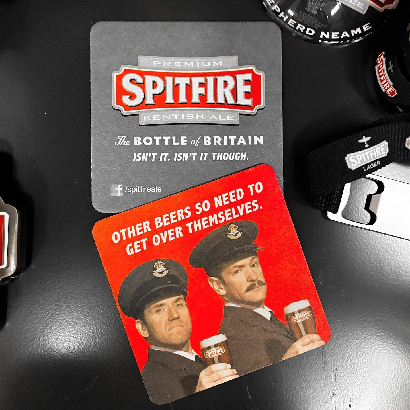 Shelf | fulfilment for drinks brands - Spitfire Kentish Ale x Armstrong & Miller from Shepherd Neame drip mats and bottle opener lanyard produced by Learay