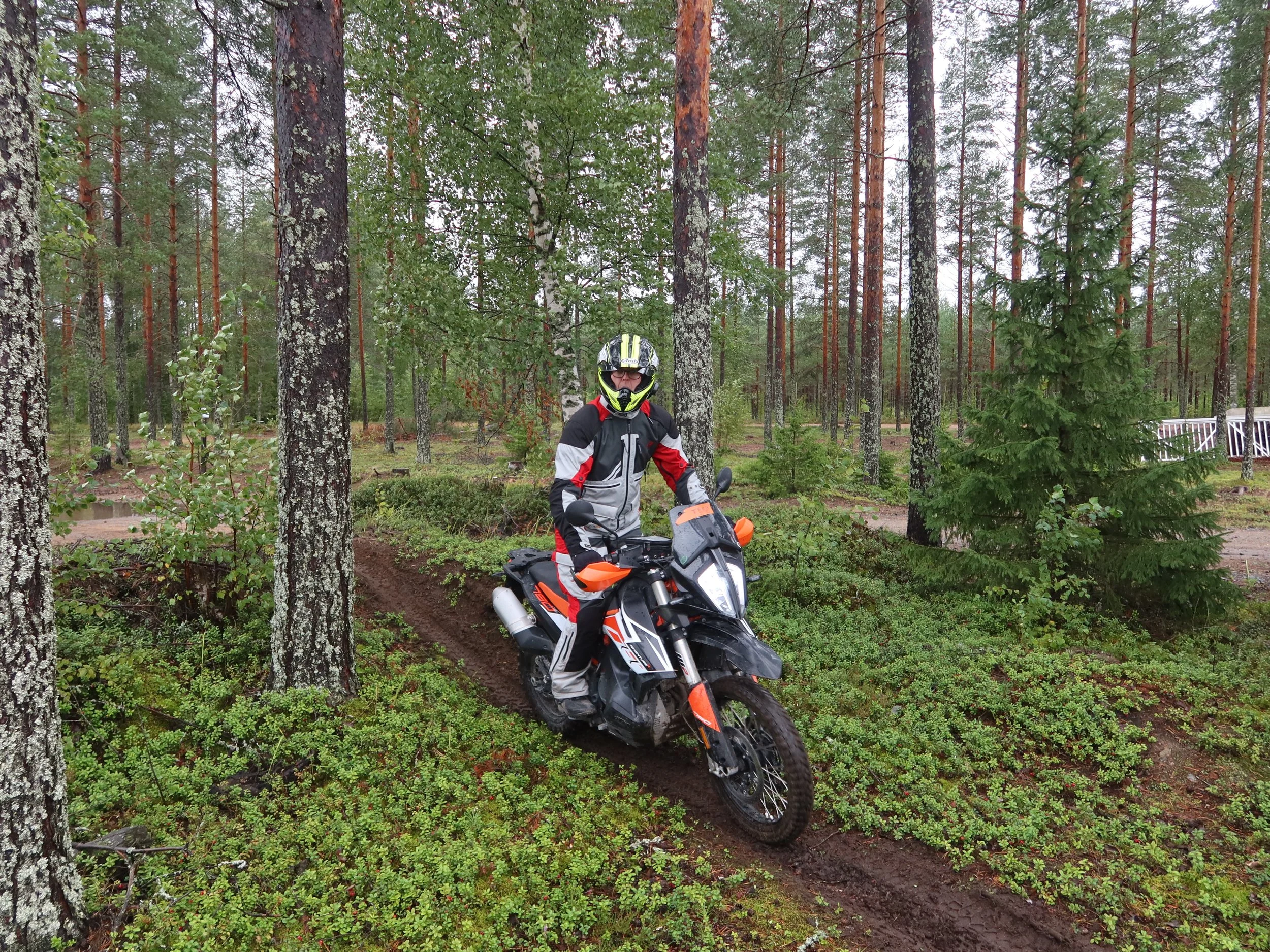 Mies moottoripyöräilijä kauniissa metsässä, ajamassa polulla, tummat ja oranssit moottoripyörän värit, pistemiehen kaltaiset ajovarusteet.