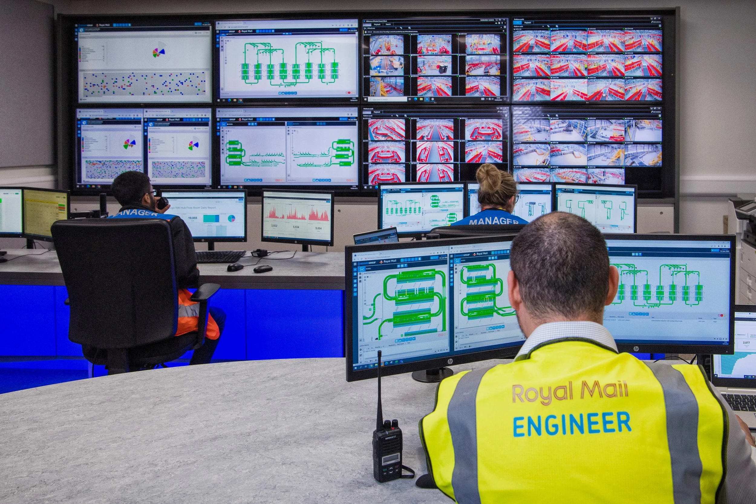 Control centre at Royal Mail Warrington mail centre monitoring parcel sorting and logistics operations